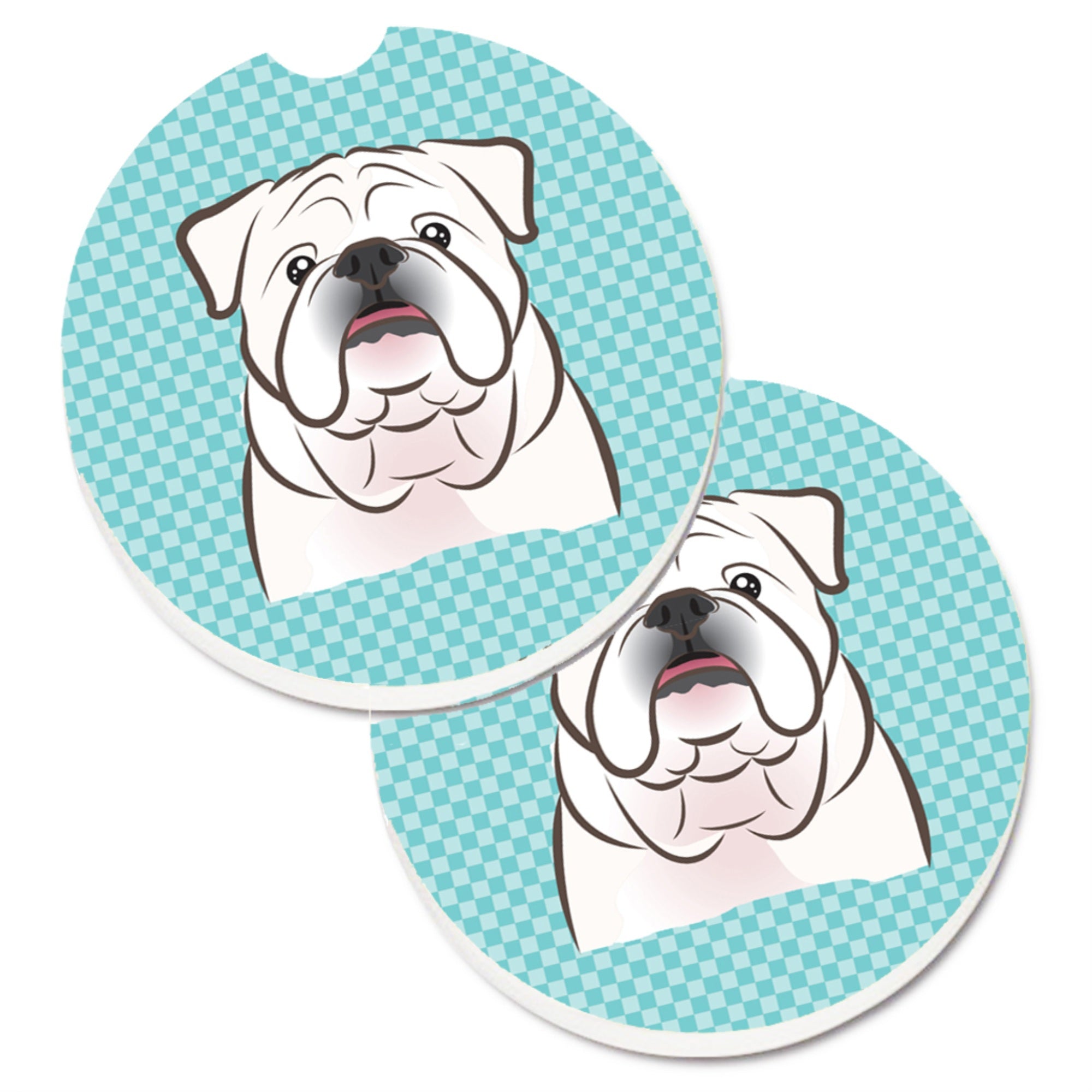 'Caroline'S Treasures Checkerboard Blue White English Bulldog Set Of 2 Cup Holder Car Coasters Bb1158Carc, 2.56, Multicolor''