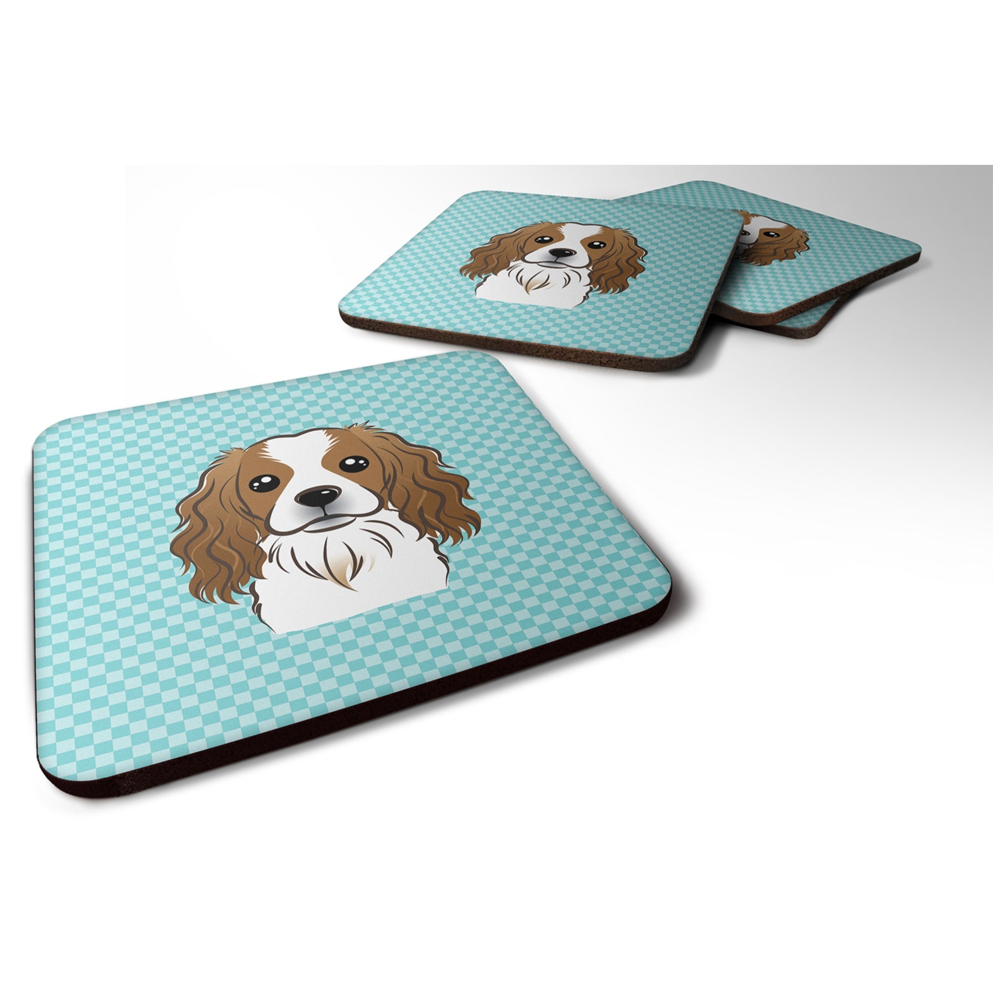 'Caroline'S Treasures Bb1162Fc Checkerboard Blue Cavalier Spaniel Foam Coaster (Set Of 4), 3.5'''' H X 3.5'''' W, Multicolor''
