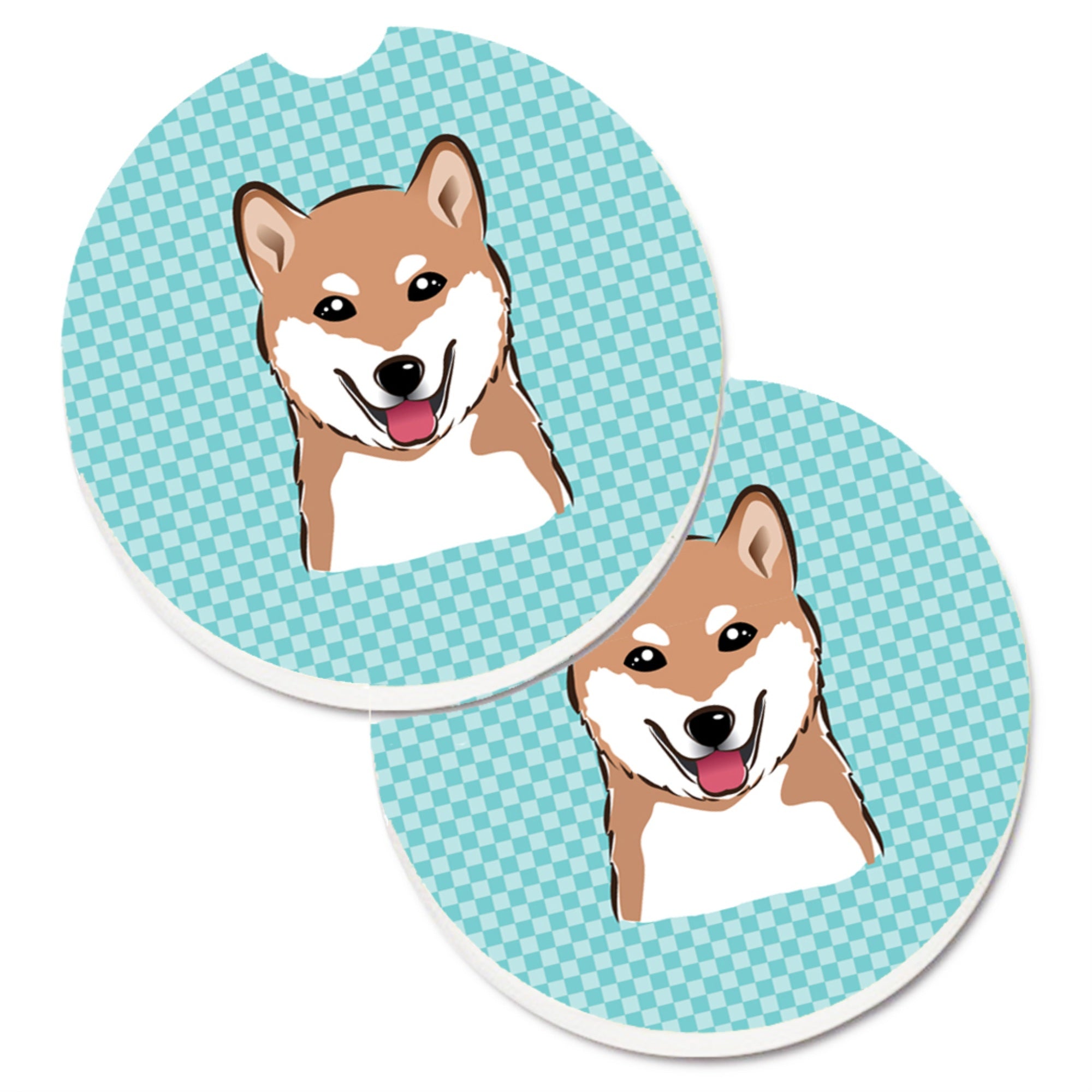'Caroline'S Treasures Checkerboard Blue Shiba Inu Set Of 2 Cup Holder Car Coasters Bb1163Carc, 2.56, Multicolor''