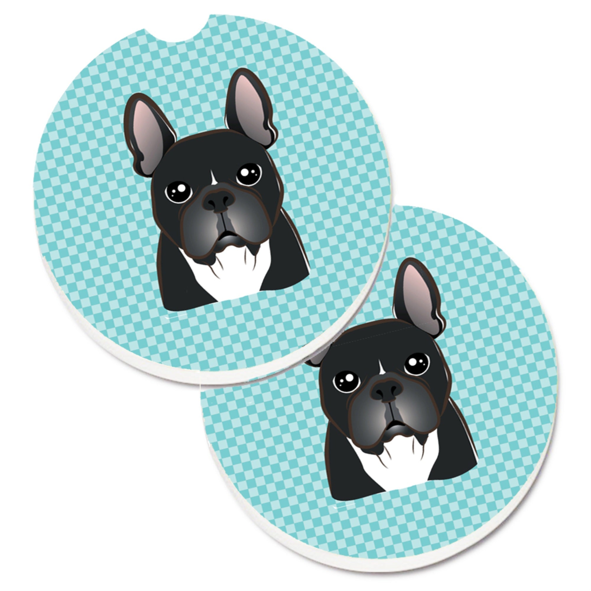'Caroline'S Treasures Checkerboard Blue French Bulldog Set Of 2 Cup Holder Car Coasters Bb1165Carc, 2.56, Multicolor''