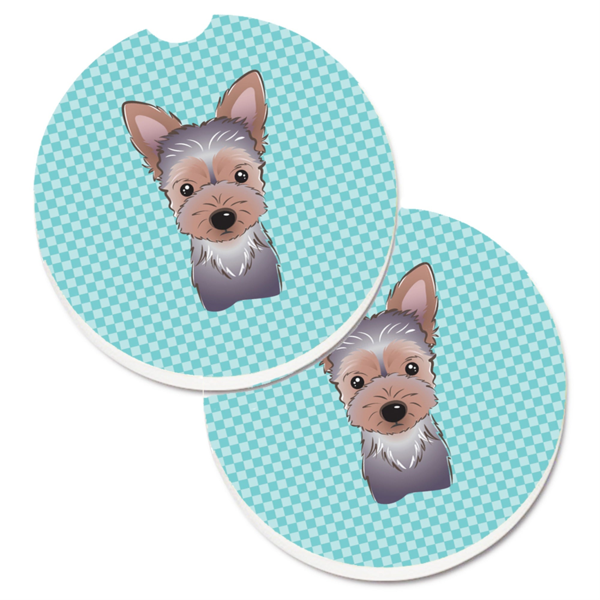 'Caroline'S Treasures Checkerboard Blue Yorkie Puppy Set Of 2 Cup Holder Car Coasters Bb1170Carc, 2.56, Multicolor''