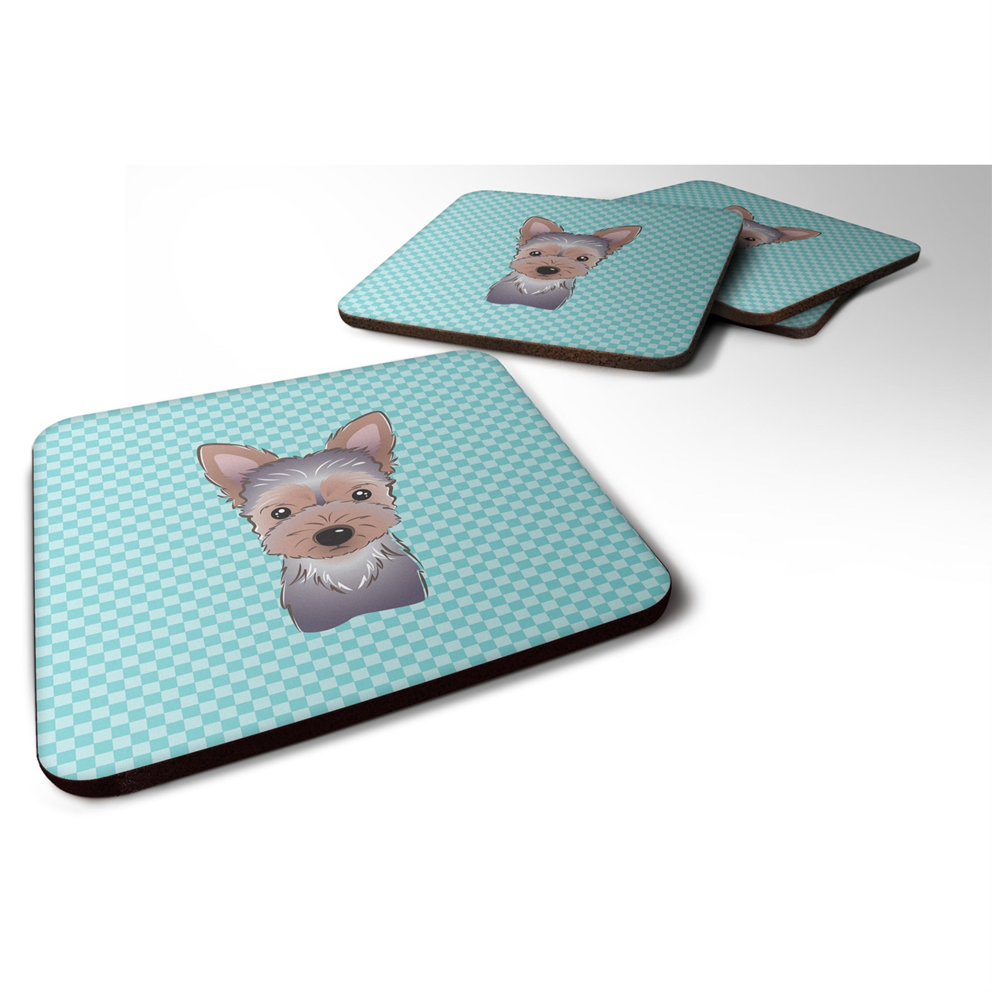 'Caroline'S Treasures Bb1170Fc Checkerboard Blue Yorkie Puppy Foam Coaster (Set Of 4), 3.5'''' H X 3.5'''' W, Multicolor''