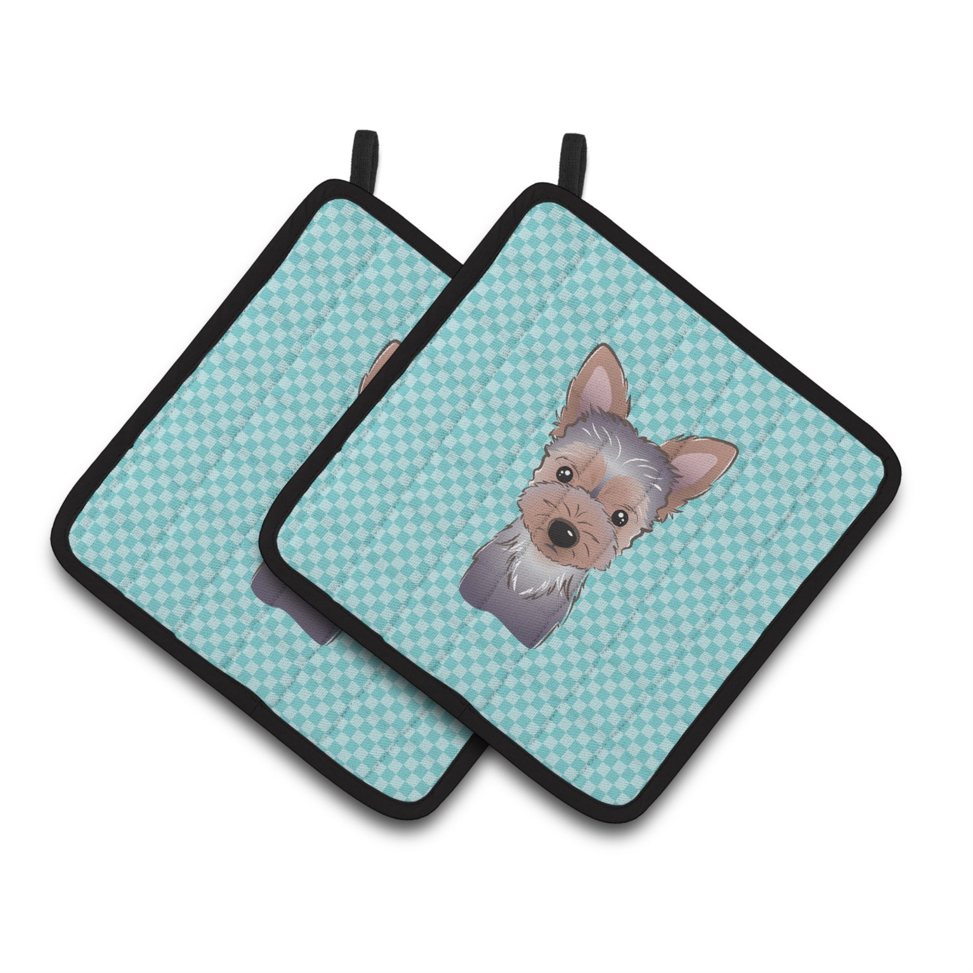 'Caroline'S Treasures Checkerboard Blue Yorkie Puppy Pair Of Pot Holders Bb1170Pthd, 7.5Hx7.5W, Multicolor''