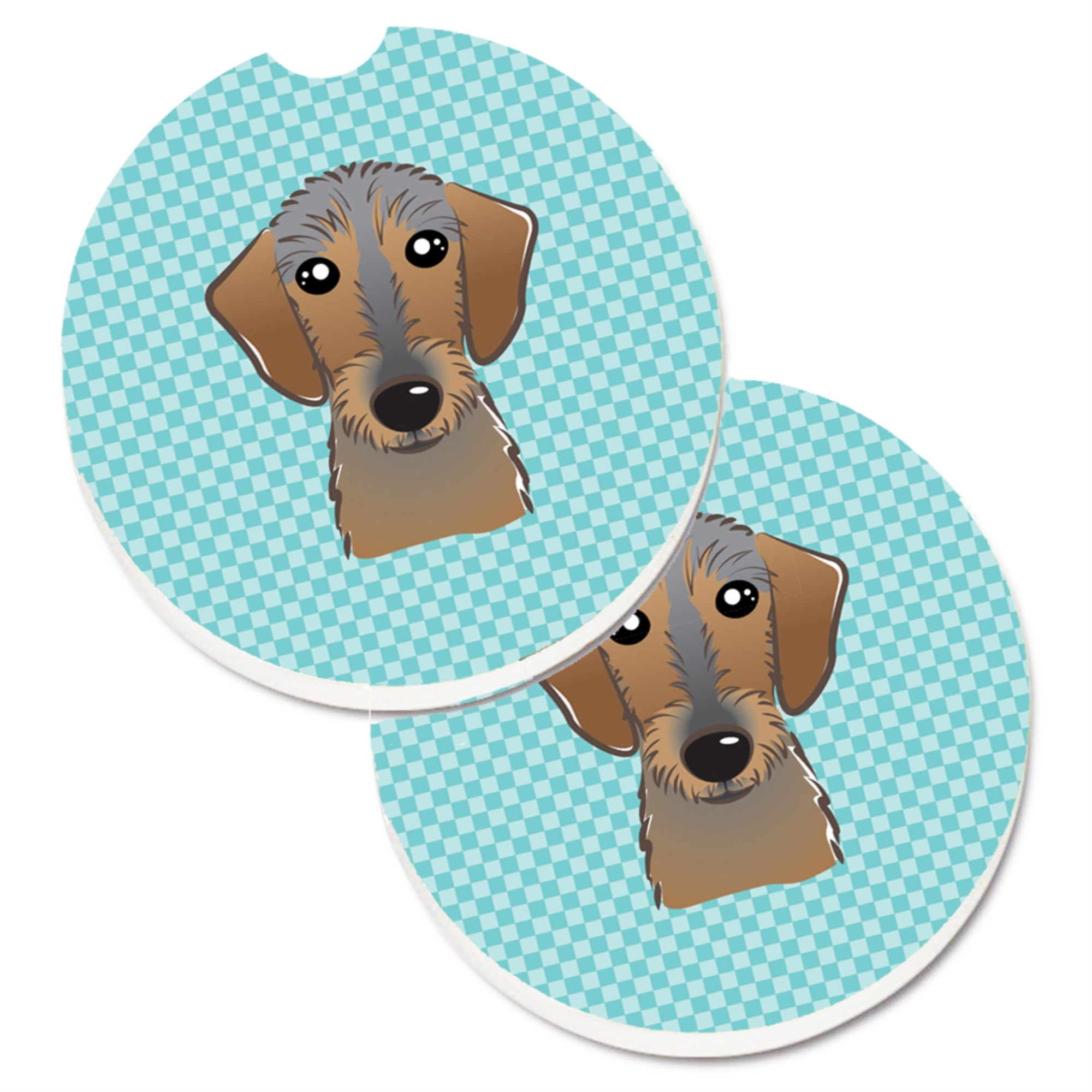 'Caroline'S Treasures Checkerboard Blue Wirehaired Dachshund Set Of 2 Cup Holder Car Coasters Bb1171Carc, 2.56, Multicolor''
