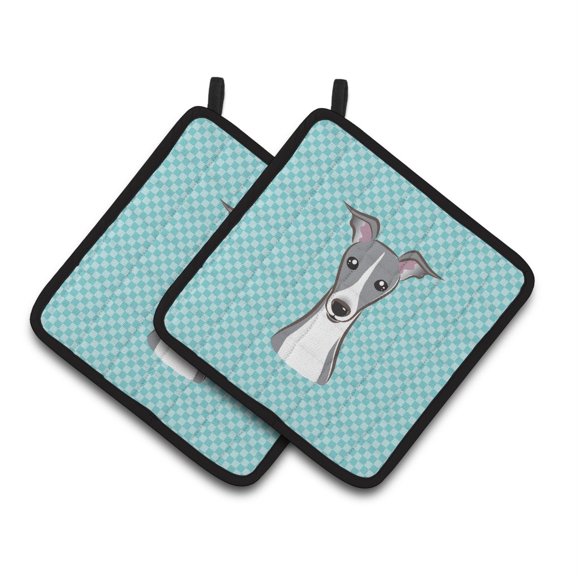 'Caroline'S Treasures Checkerboard Blue Italian Greyhound Pair Of Pot Holders Bb1174Pthd, 7.5Hx7.5W, Multicolor''