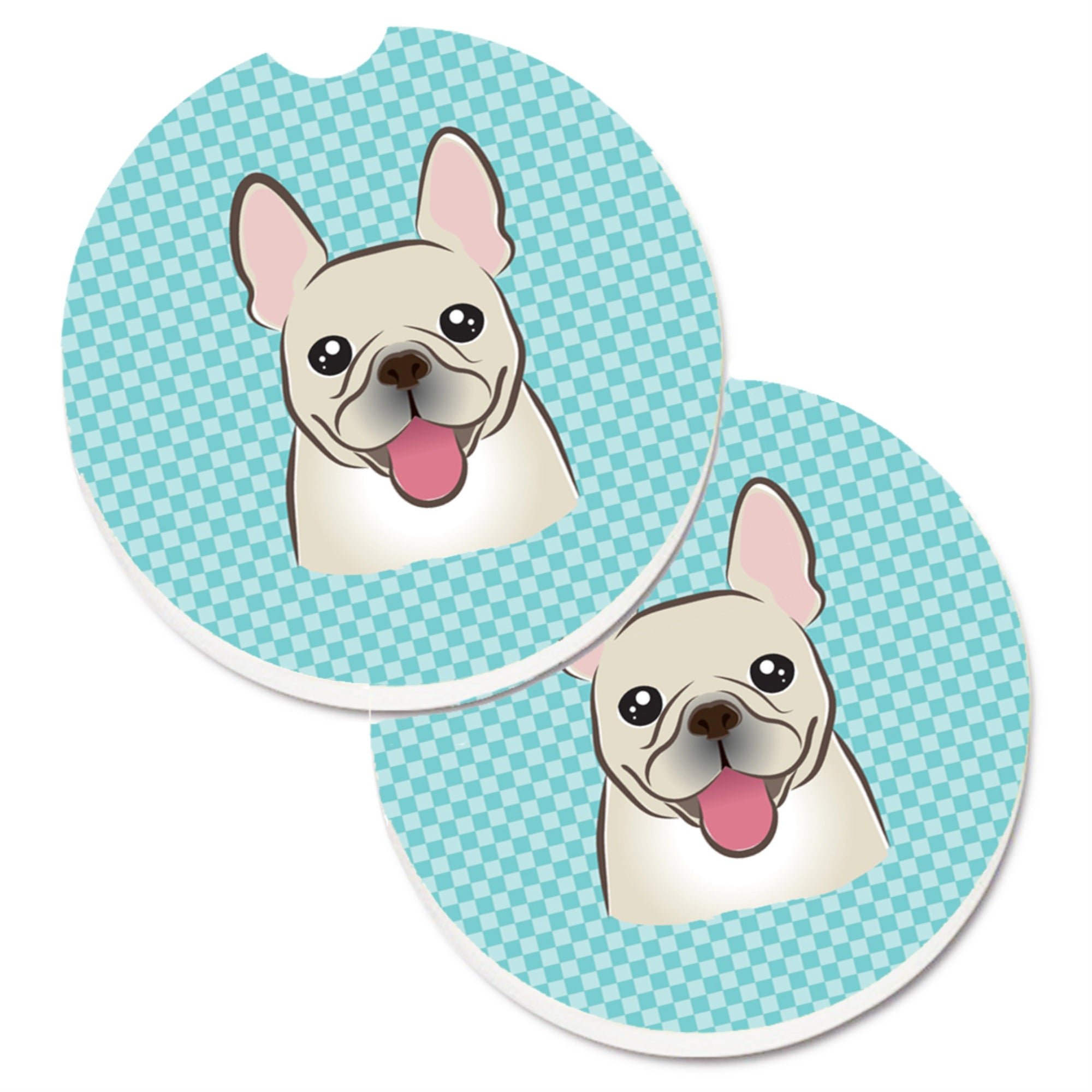 'Caroline'S Treasures Checkerboard Blue French Bulldog Set Of 2 Cup Holder Car Coasters Bb1176Carc, 2.56, Multicolor''