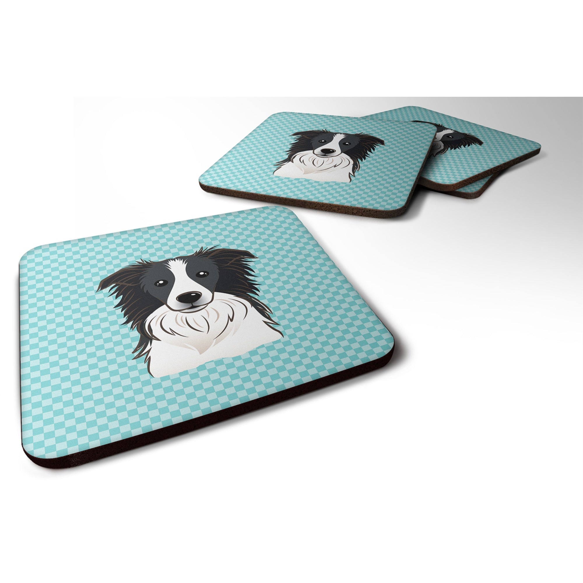 'Caroline'S Treasures Bb1179Fc Checkerboard Blue Border Collie Foam Coaster (Set Of 4), 3.5'''' H X 3.5'''' W, Multicolor''