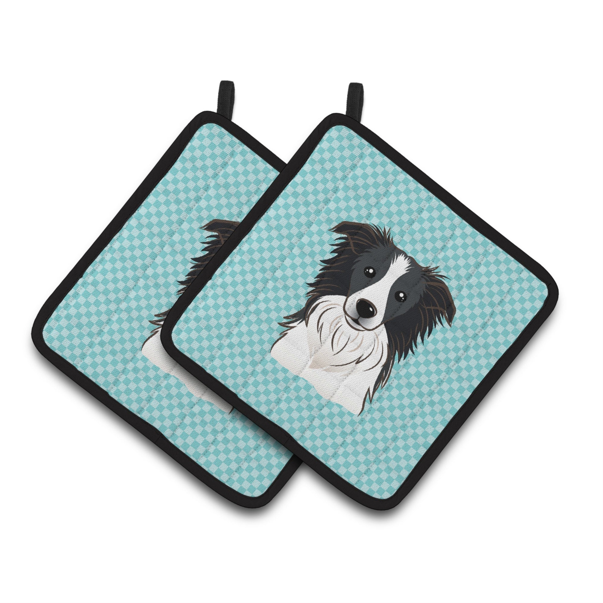 'Caroline'S Treasures Checkerboard Blue Border Collie Pair Of Pot Holders Bb1179Pthd, 7.5Hx7.5W, Multicolor''
