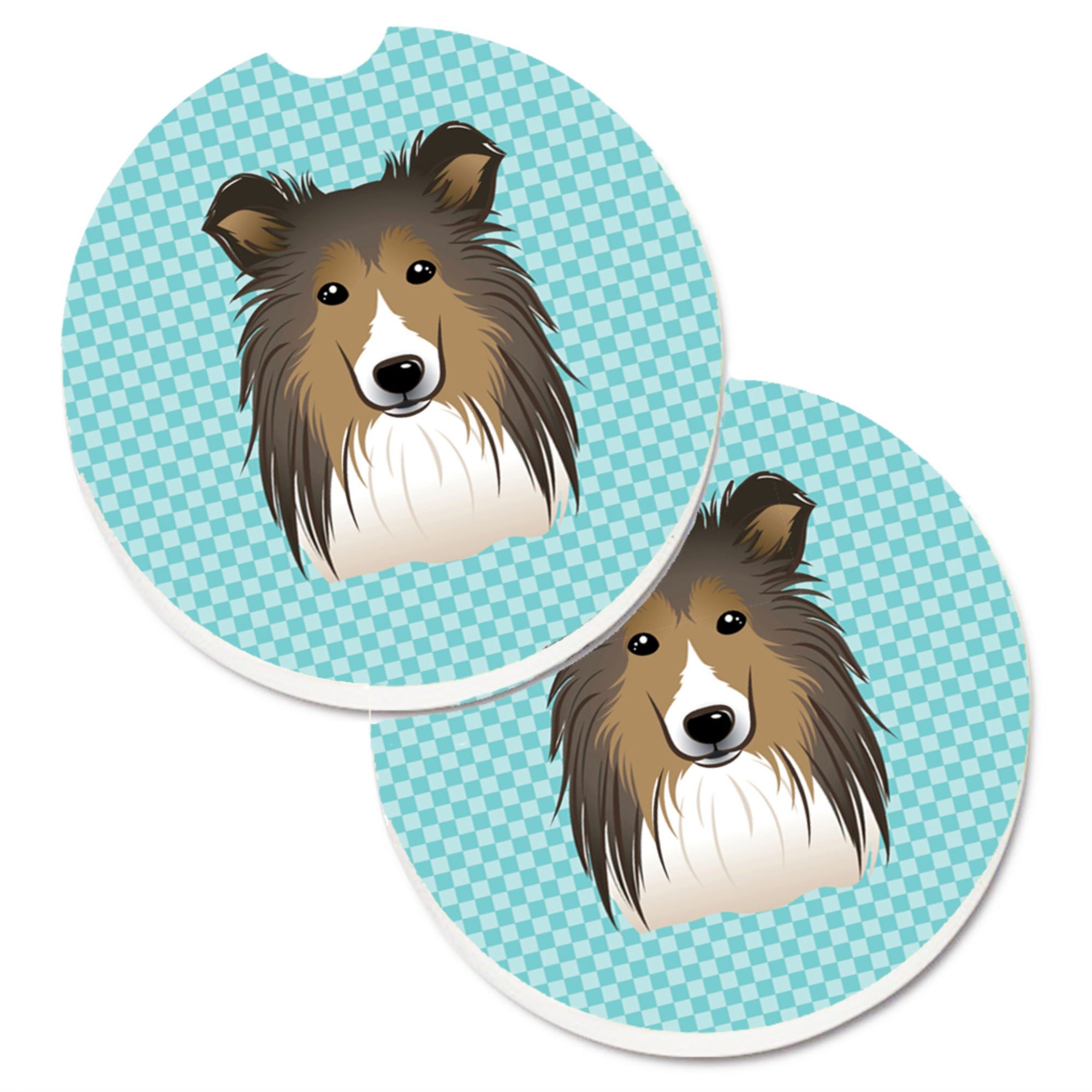 'Caroline'S Treasures Checkerboard Blue Sheltie Set Of 2 Cup Holder Car Coasters Bb1180Carc, 2.56, Multicolor''