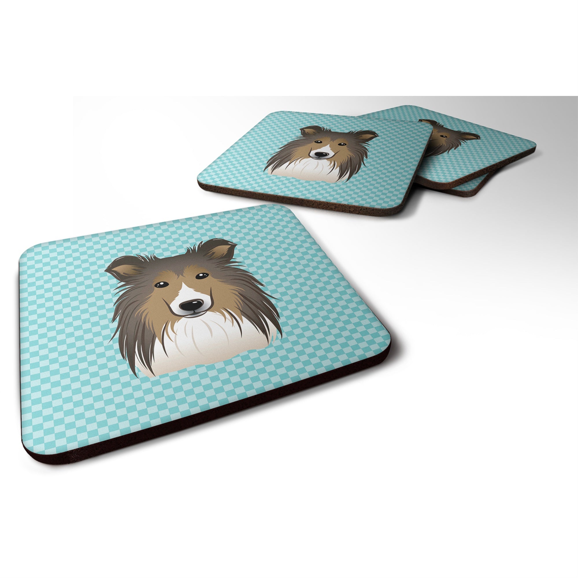 'Caroline'S Treasures Bb1180Fc Checkerboard Blue Sheltie Foam Coaster (Set Of 4), 3.5'''' H X 3.5'''' W, Multicolor''