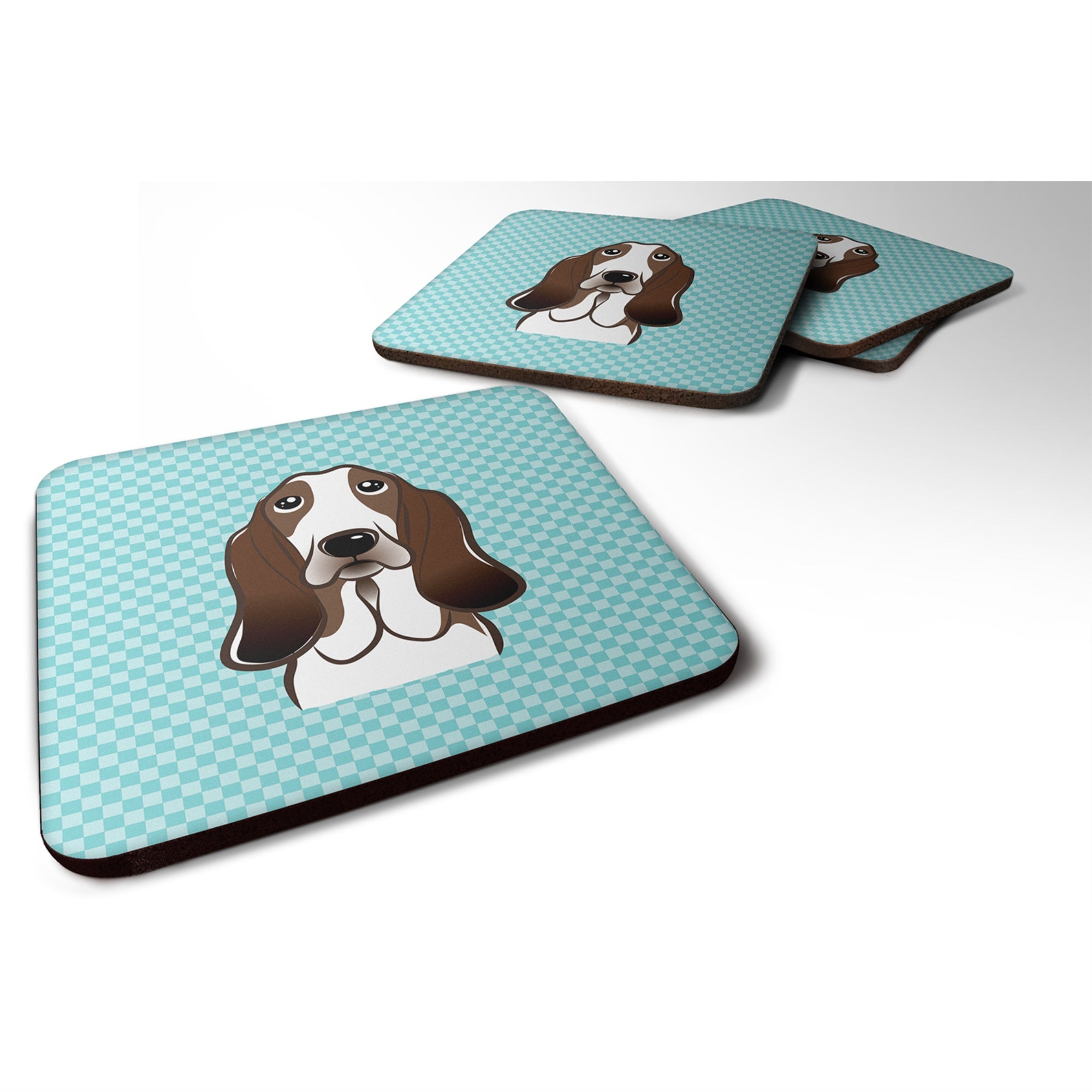 'Caroline'S Treasures Bb1181Fc Checkerboard Blue Basset Hound Foam Coaster (Set Of 4), 3.5'''' H X 3.5'''' W, Multicolor''