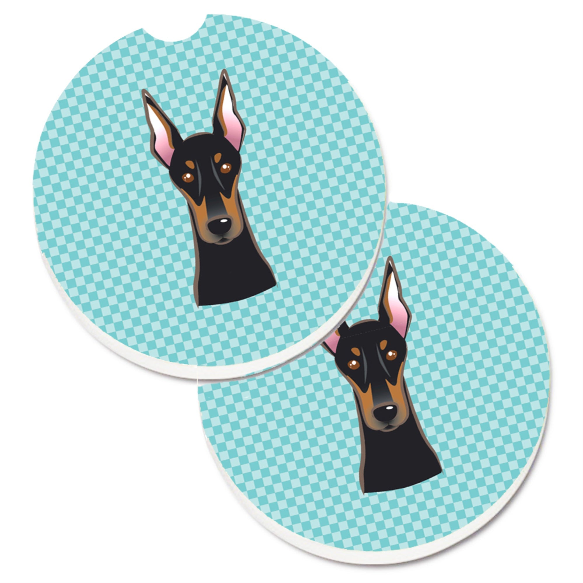 'Caroline'S Treasures Checkerboard Blue Doberman Set Of 2 Cup Holder Car Coasters Bb1183Carc, 2.56, Multicolor''