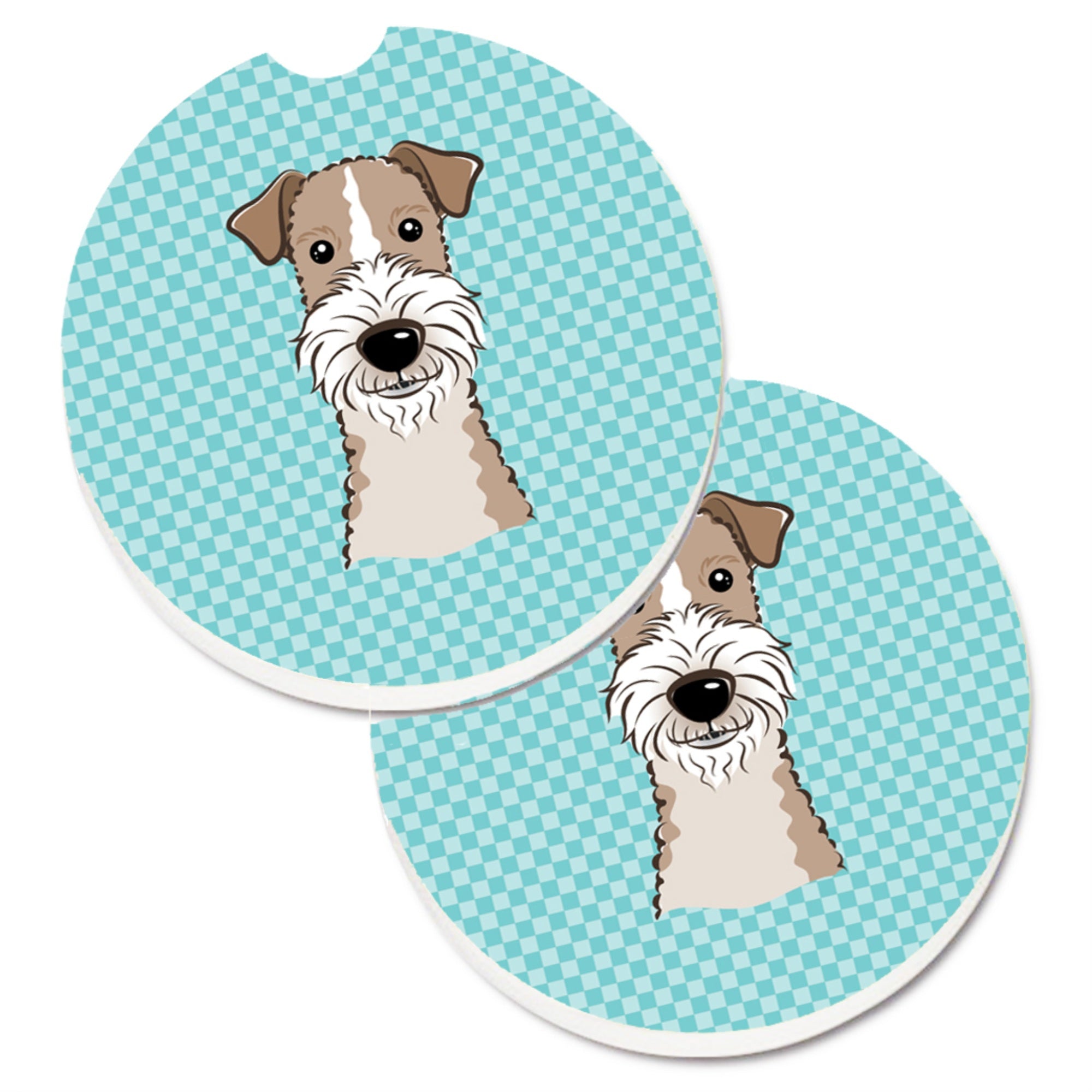 'Caroline'S Treasures Checkerboard Blue Wire Haired Fox Terrier Set Of 2 Cup Holder Car Coasters Bb1185Carc, 2.56, Multicolor''
