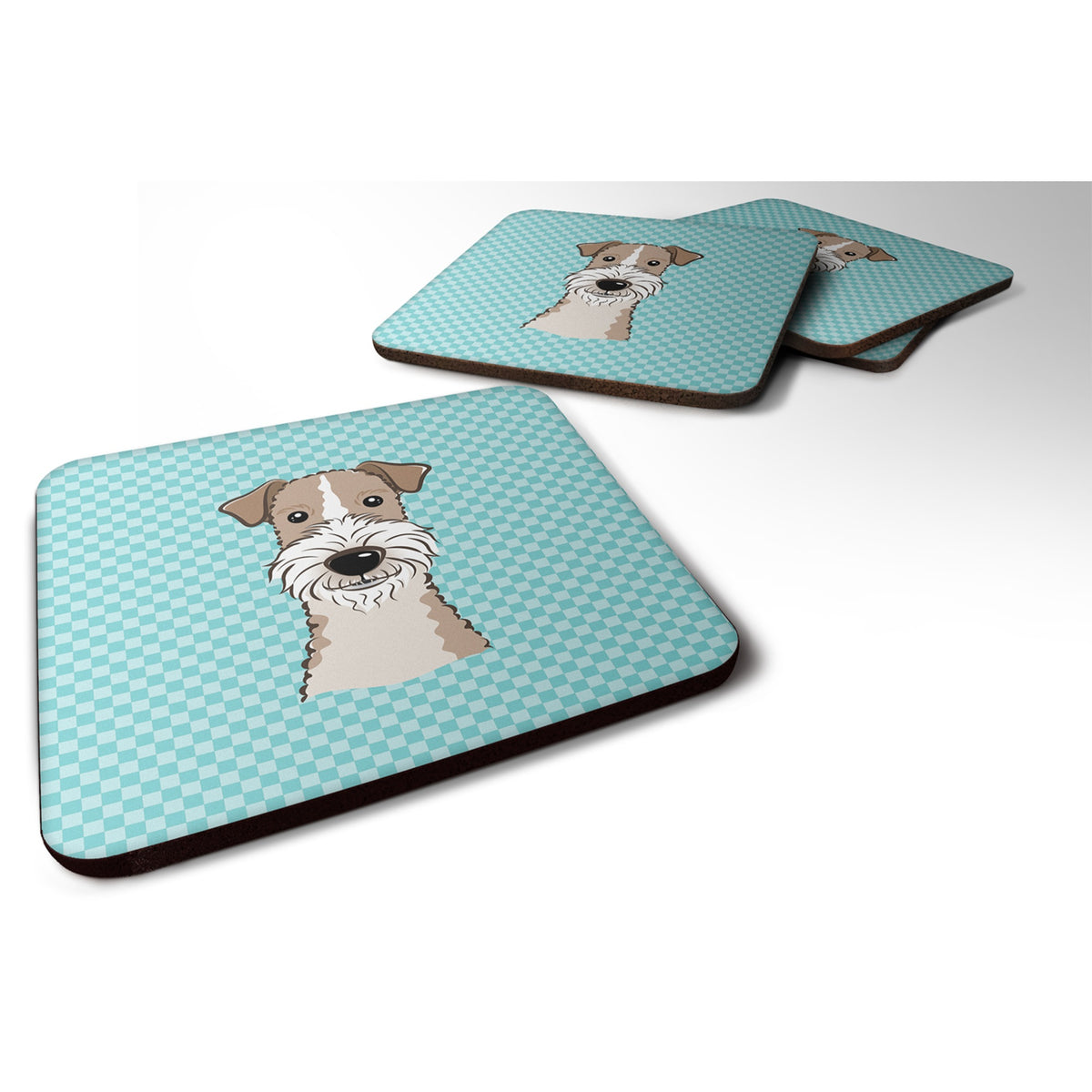'Caroline'S Treasures Bb1185Fc Checkerboard Blue Wire Haired Fox Terrier Foam Coaster (Set Of 4), 3.5'''' H X 3.5'''' W, Multic