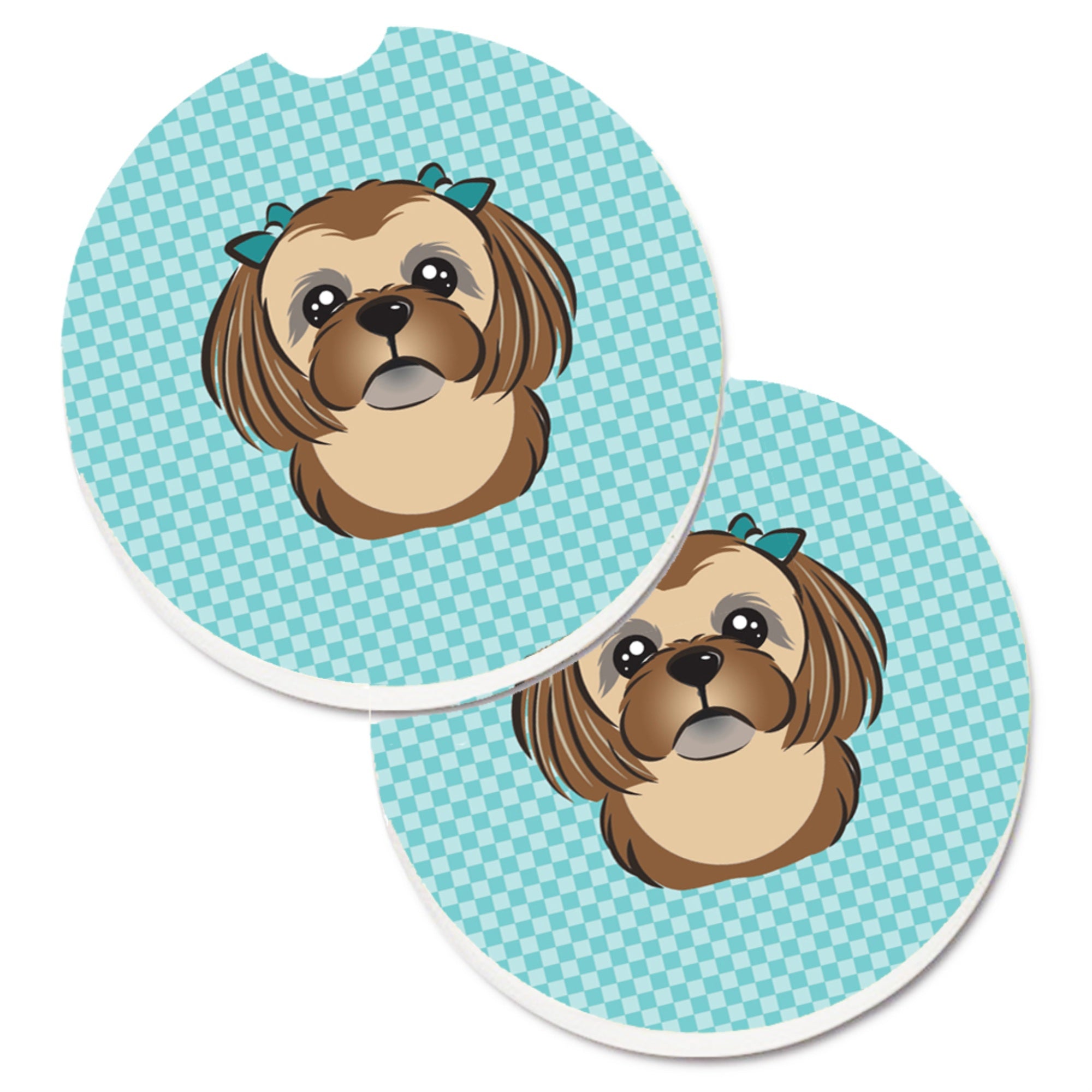 'Caroline'S Treasures Checkerboard Blue Chocolate Brown Shih Tzu Set Of 2 Cup Holder Car Coasters Bb1187Carc, 2.56, Multicolor'