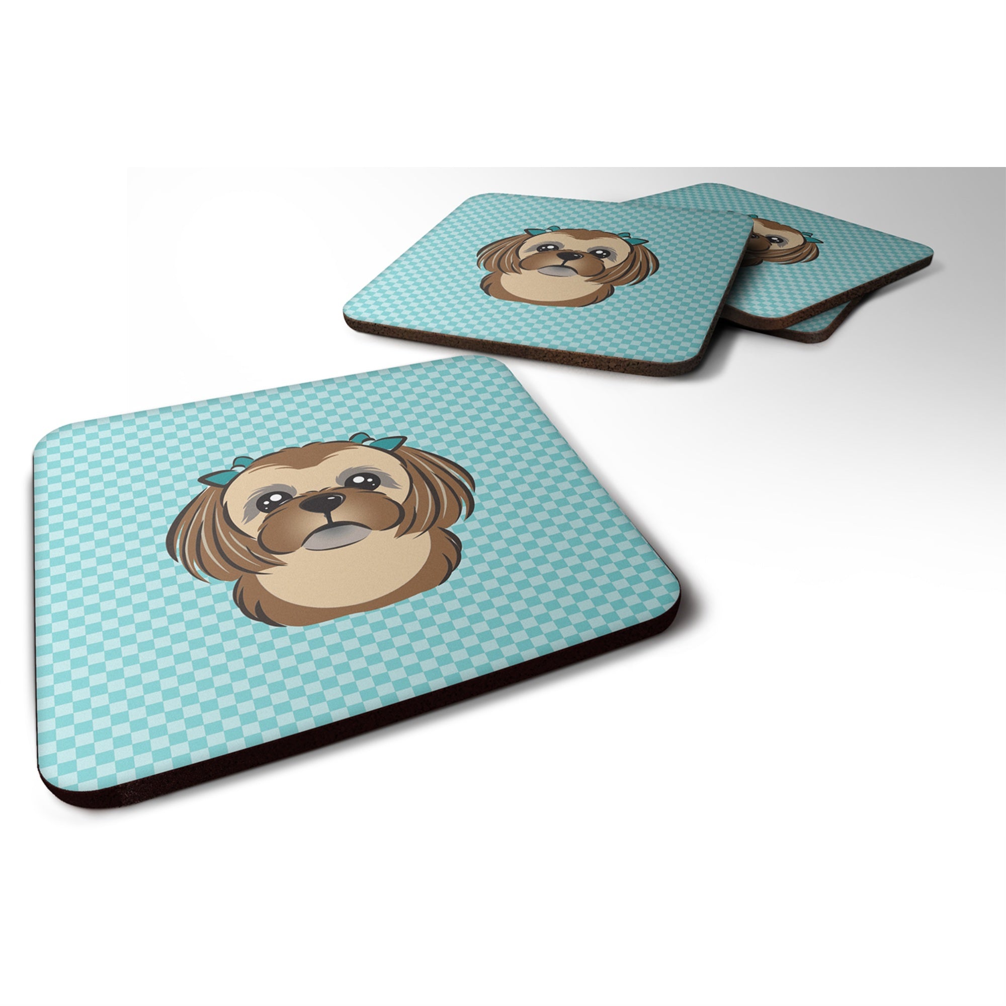 'Caroline'S Treasures Bb1187Fc Checkerboard Blue Chocolate Brown Shih Tzu Foam Coaster (Set Of 4), 3.5'''' H X 3.5'''' W, Multi