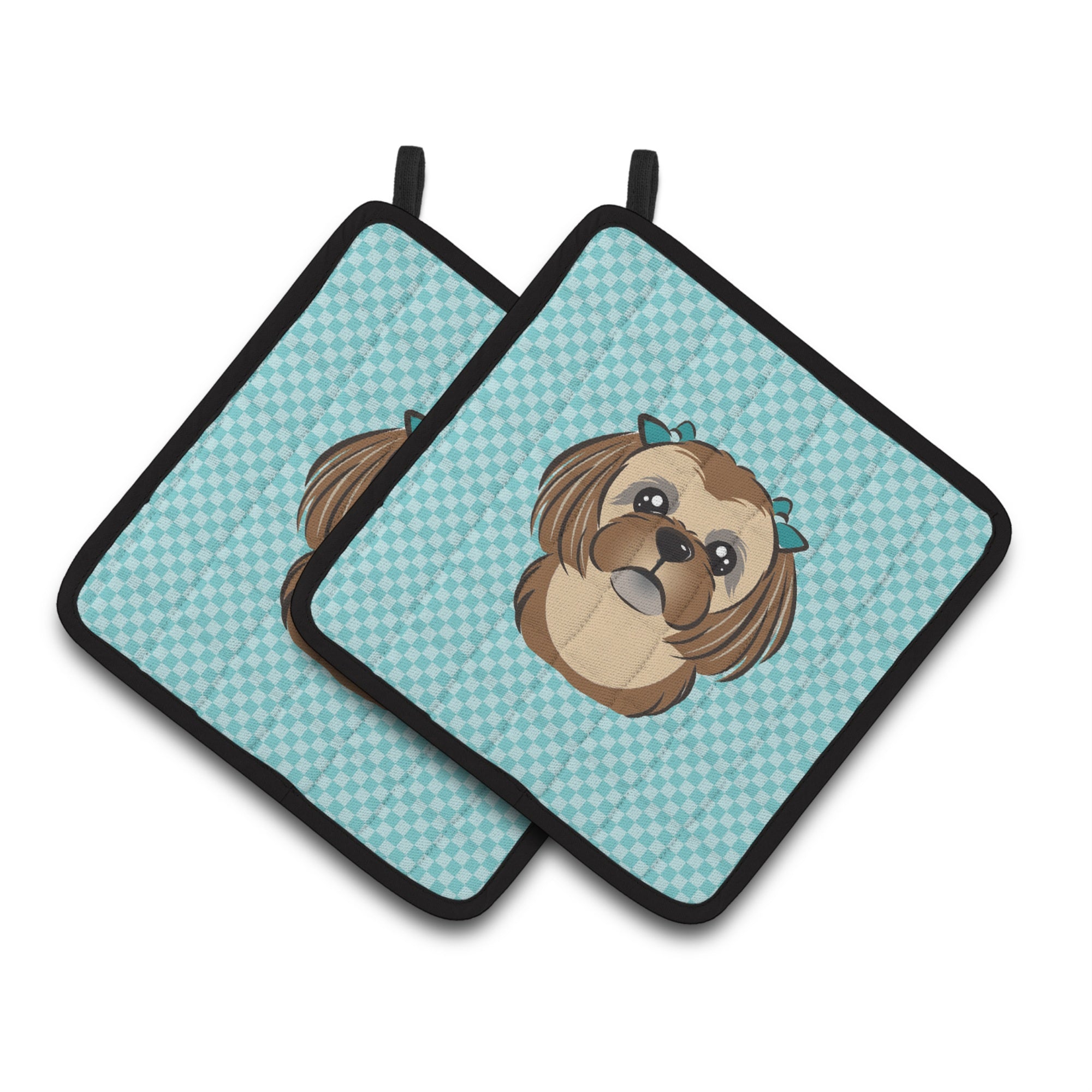 'Caroline'S Treasures Checkerboard Blue Chocolate Brown Shih Tzu Pair Of Pot Holders Bb1187Pthd, 7.5Hx7.5W, Multicolor''