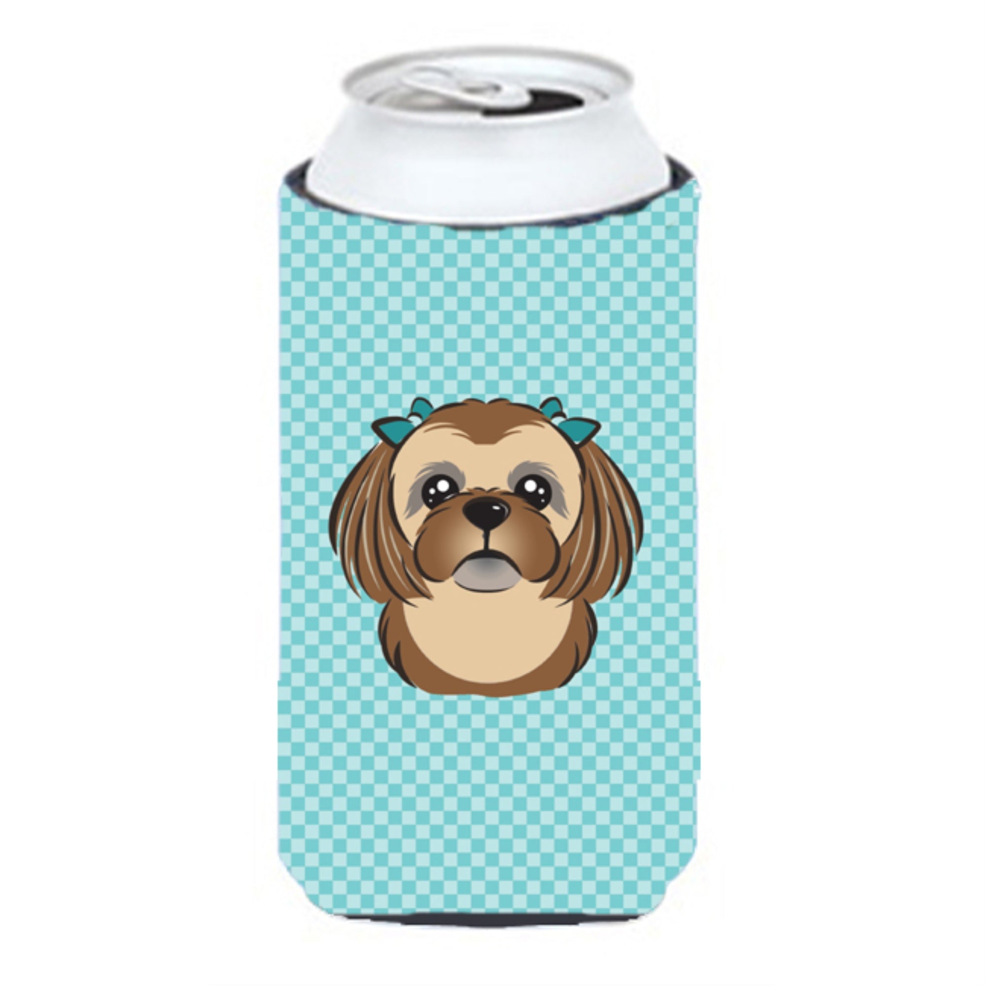 Checkerboard Blue Chocolate Brown Shih Tzu Tall Boy Beverage Insulator Hugger Bb1187Tbc