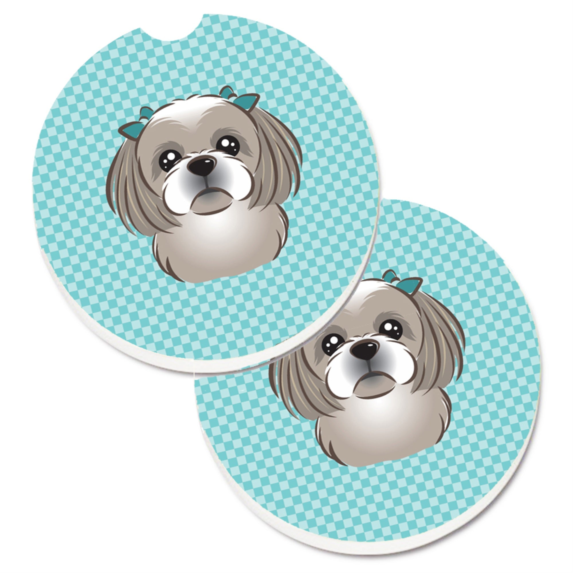 'Caroline'S Treasures Checkerboard Blue Gray Silver Shih Tzu Set Of 2 Cup Holder Car Coasters Bb1188Carc, 2.56, Multicolor''