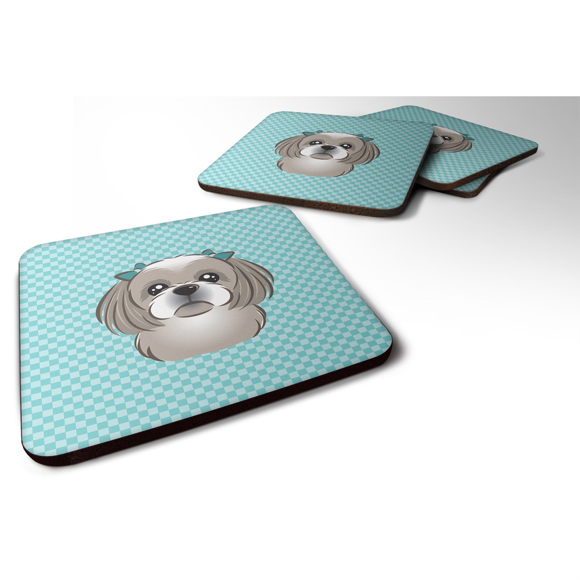 'Caroline'S Treasures Bb1188Fc Checkerboard Blue Gray Silver Shih Tzu Foam Coaster (Set Of 4), 3.5'''' H X 3.5'''' W, Multicolo