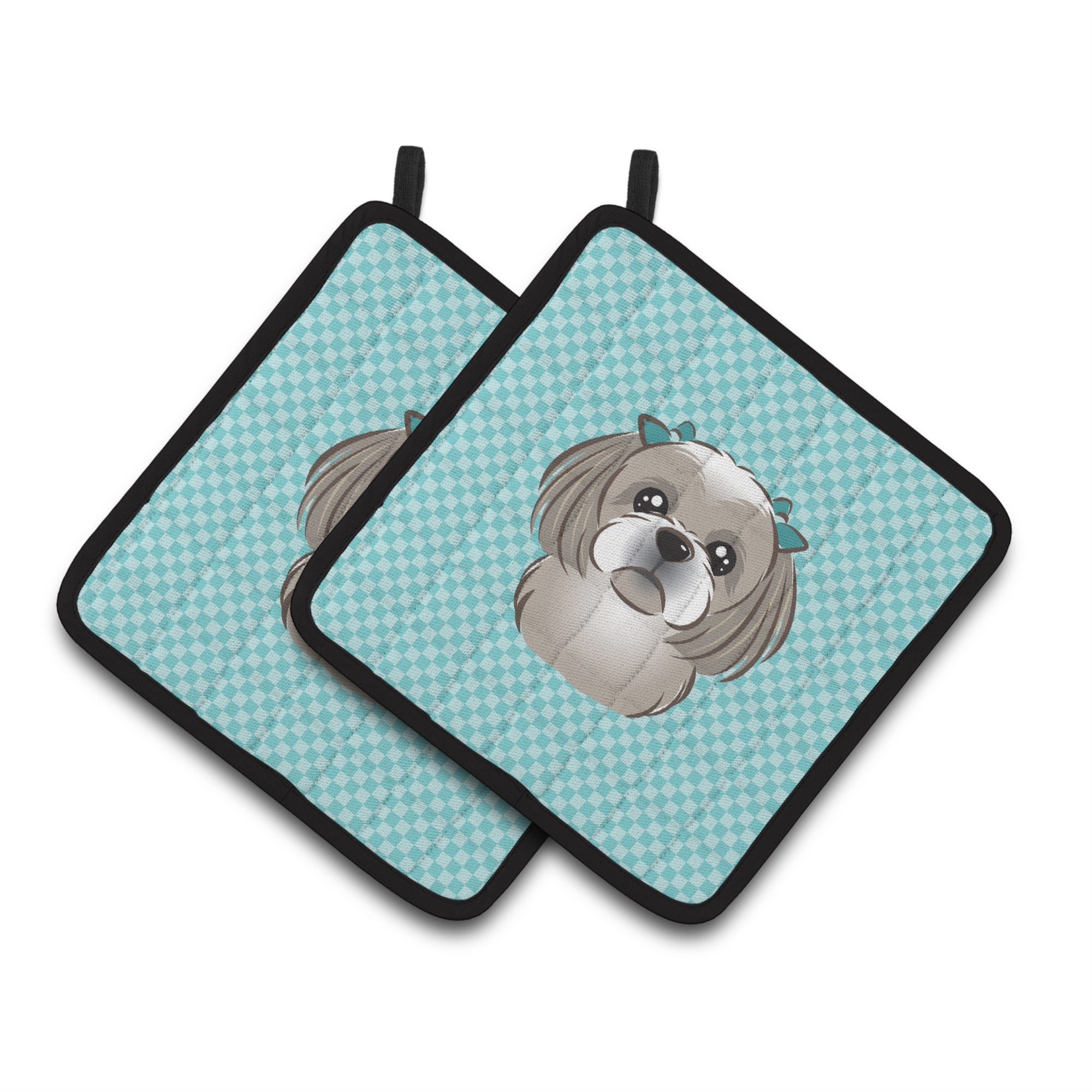 'Caroline'S Treasures Checkerboard Blue Gray Silver Shih Tzu Pair Of Pot Holders Bb1188Pthd, 7.5Hx7.5W, Multicolor''