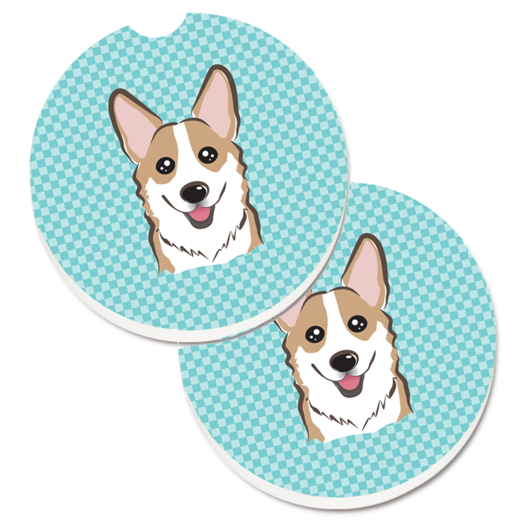 'Caroline'S Treasures Checkerboard Blue Corgi Set Of 2 Cup Holder Car Coasters Bb1191Carc, 2.56, Multicolor''