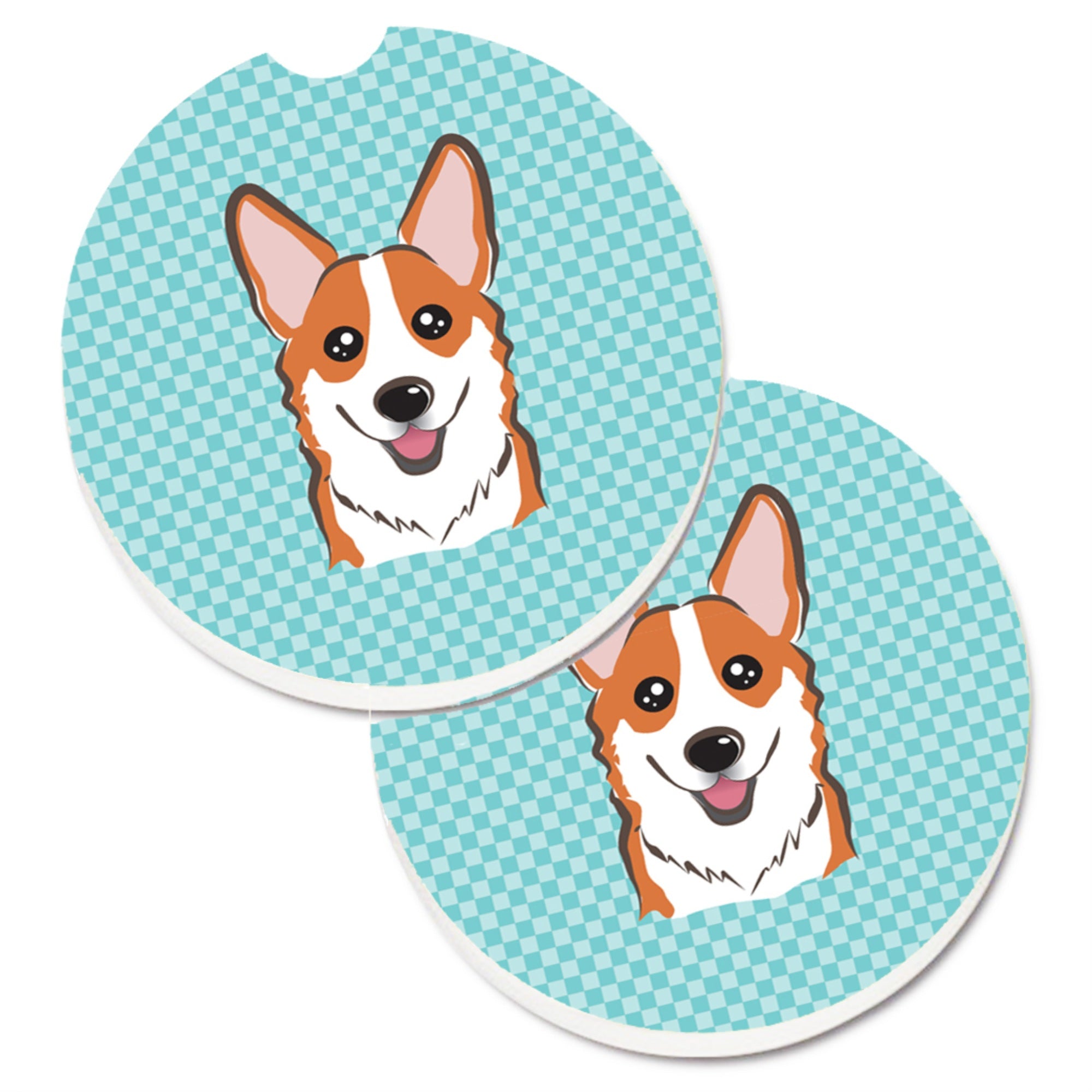 'Caroline'S Treasures Checkerboard Blue Corgi Set Of 2 Cup Holder Car Coasters Bb1192Carc, 2.56, Multicolor''