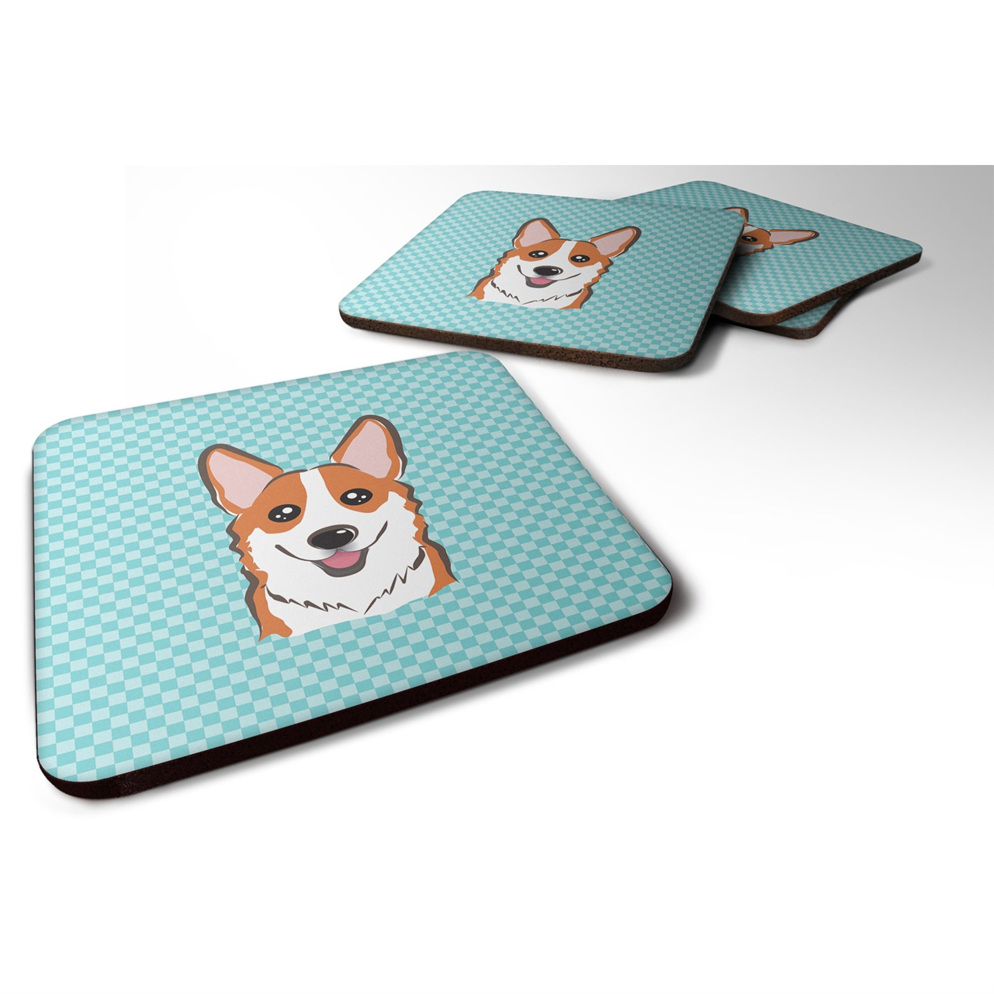 'Caroline'S Treasures Bb1192Fc Checkerboard Blue Corgi Foam Coaster (Set Of 4), 3.5'''' H X 3.5'''' W, Multicolor''