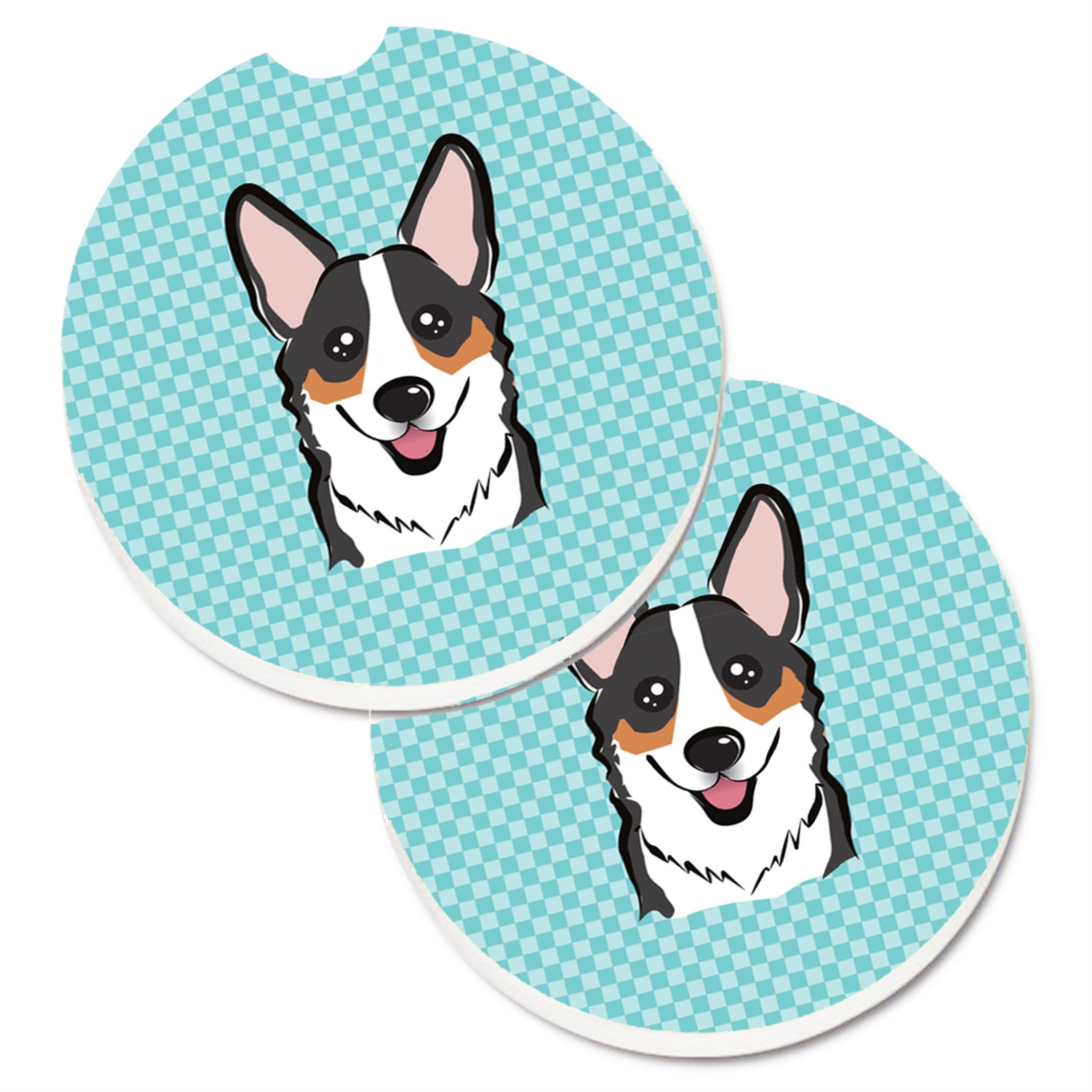 'Caroline'S Treasures Checkerboard Blue Corgi Set Of 2 Cup Holder Car Coasters Bb1193Carc, 2.56, Multicolor''