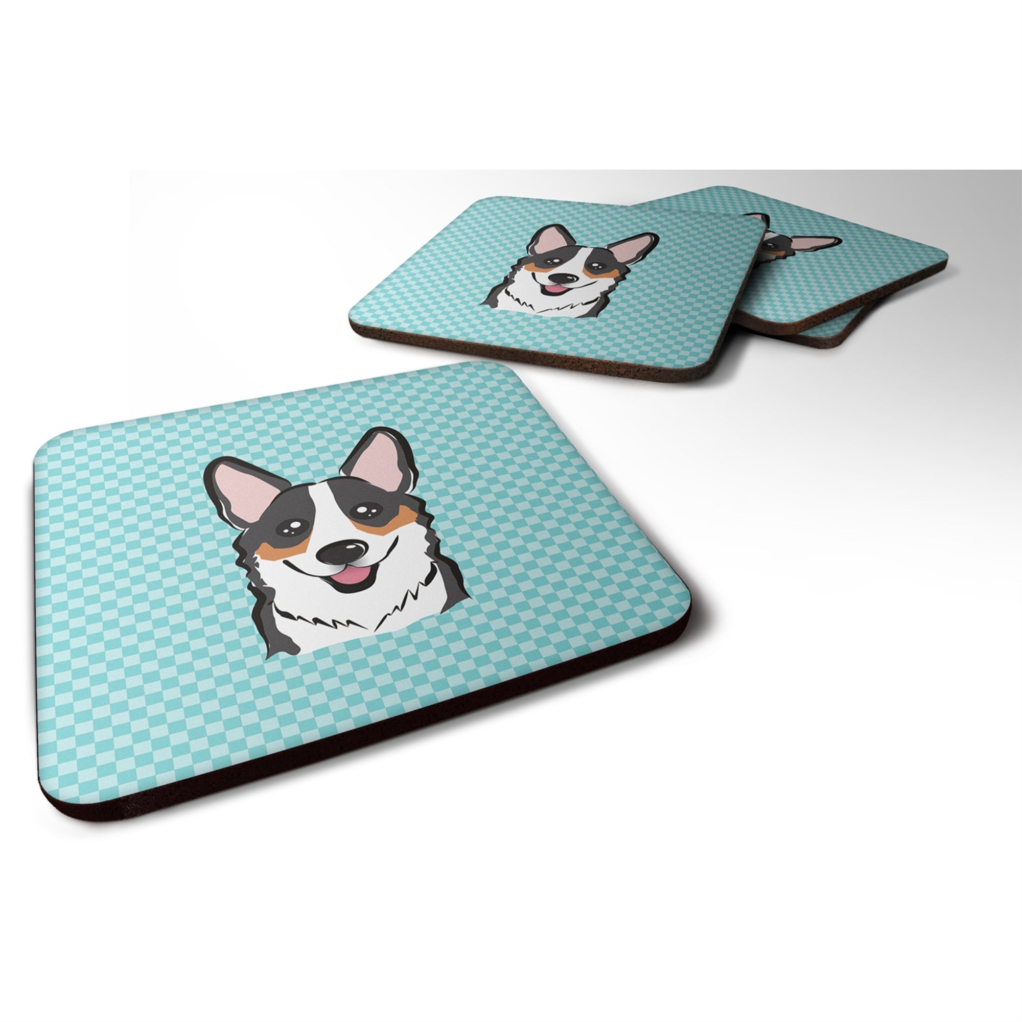 'Caroline'S Treasures Bb1193Fc Checkerboard Blue Corgi Foam Coaster (Set Of 4), 3.5'''' H X 3.5'''' W, Multicolor''