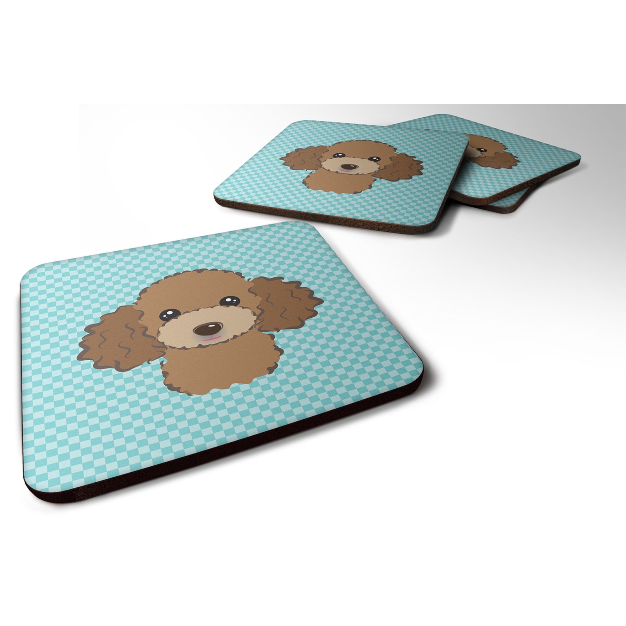 'Caroline'S Treasures Bb1194Fc Checkerboard Blue Chocolate Brown Poodle Foam Coaster (Set Of 4), 3.5'''' H X 3.5'''' W, Multico