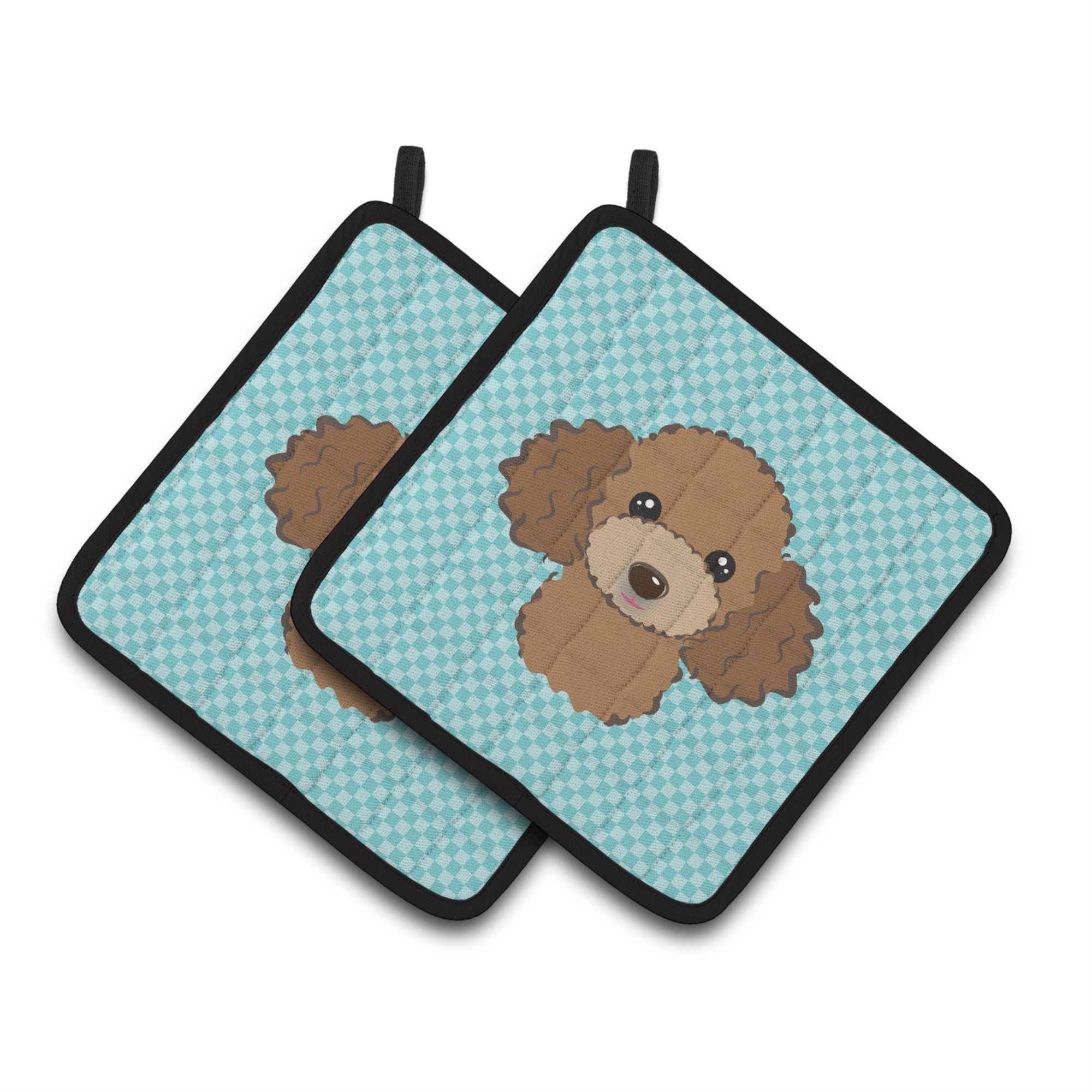 'Caroline'S Treasures Checkerboard Blue Chocolate Brown Poodle Pair Of Pot Holders Bb1194Pthd, 7.5Hx7.5W, Multicolor''
