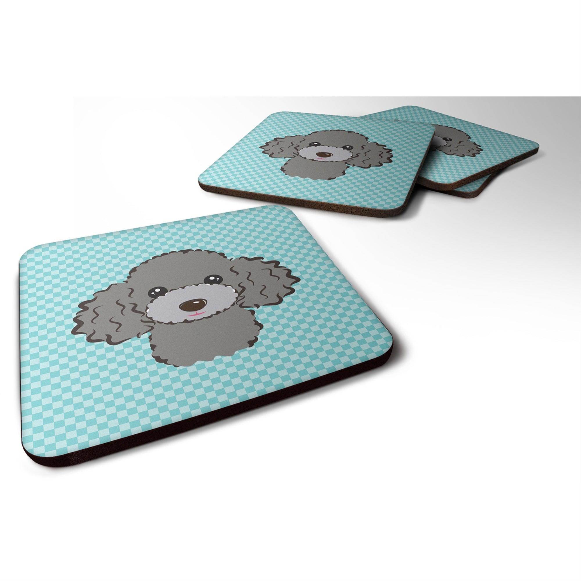 'Caroline'S Treasures Bb1197Fc Checkerboard Blue Silver Gray Poodle Foam Coaster (Set Of 4), 3.5'''' H X 3.5'''' W, Multicolor'