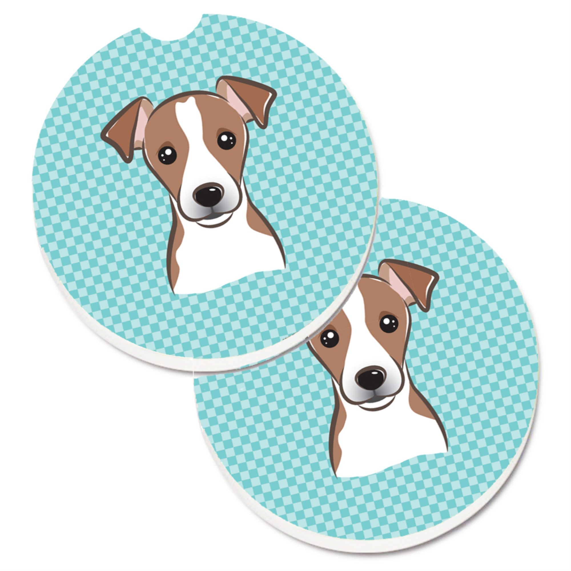 'Caroline'S Treasures Checkerboard Blue Jack Russell Terrier Set Of 2 Cup Holder Car Coasters Bb1198Carc, 2.56, Multicolor''