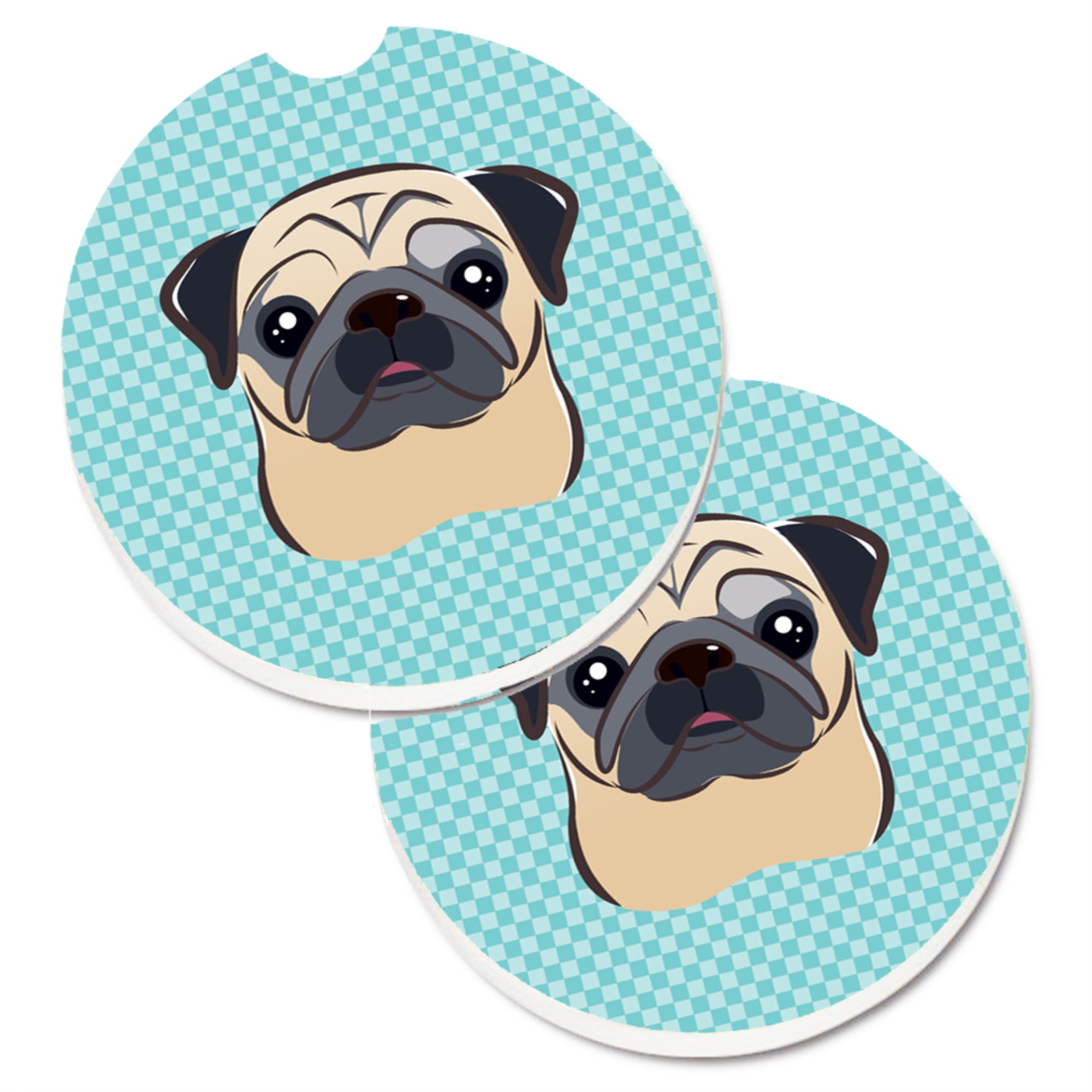 'Caroline'S Treasures Checkerboard Blue Fawn Pug Set Of 2 Cup Holder Car Coasters Bb1200Carc, 2.56, Multicolor''