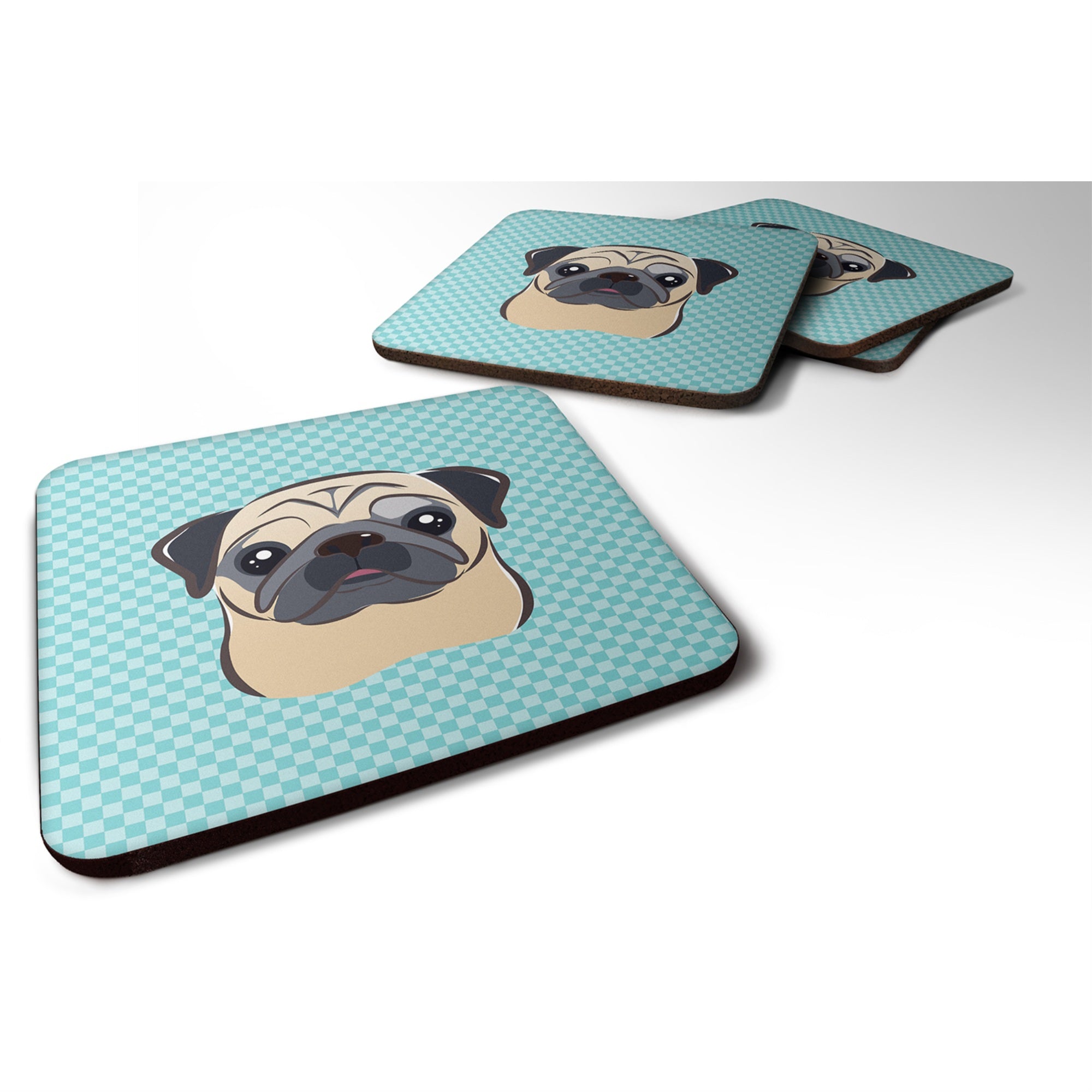 'Caroline'S Treasures Bb1200Fc Checkerboard Blue Fawn Pug Foam Coaster (Set Of 4), 3.5'''' H X 3.5'''' W, Multicolor''