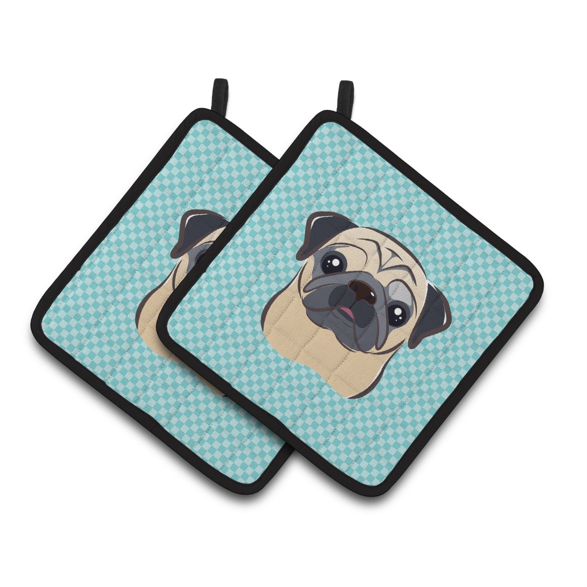 'Caroline'S Treasures Checkerboard Blue Fawn Pug Pair Of Pot Holders Bb1200Pthd, 7.5Hx7.5W, Multicolor''