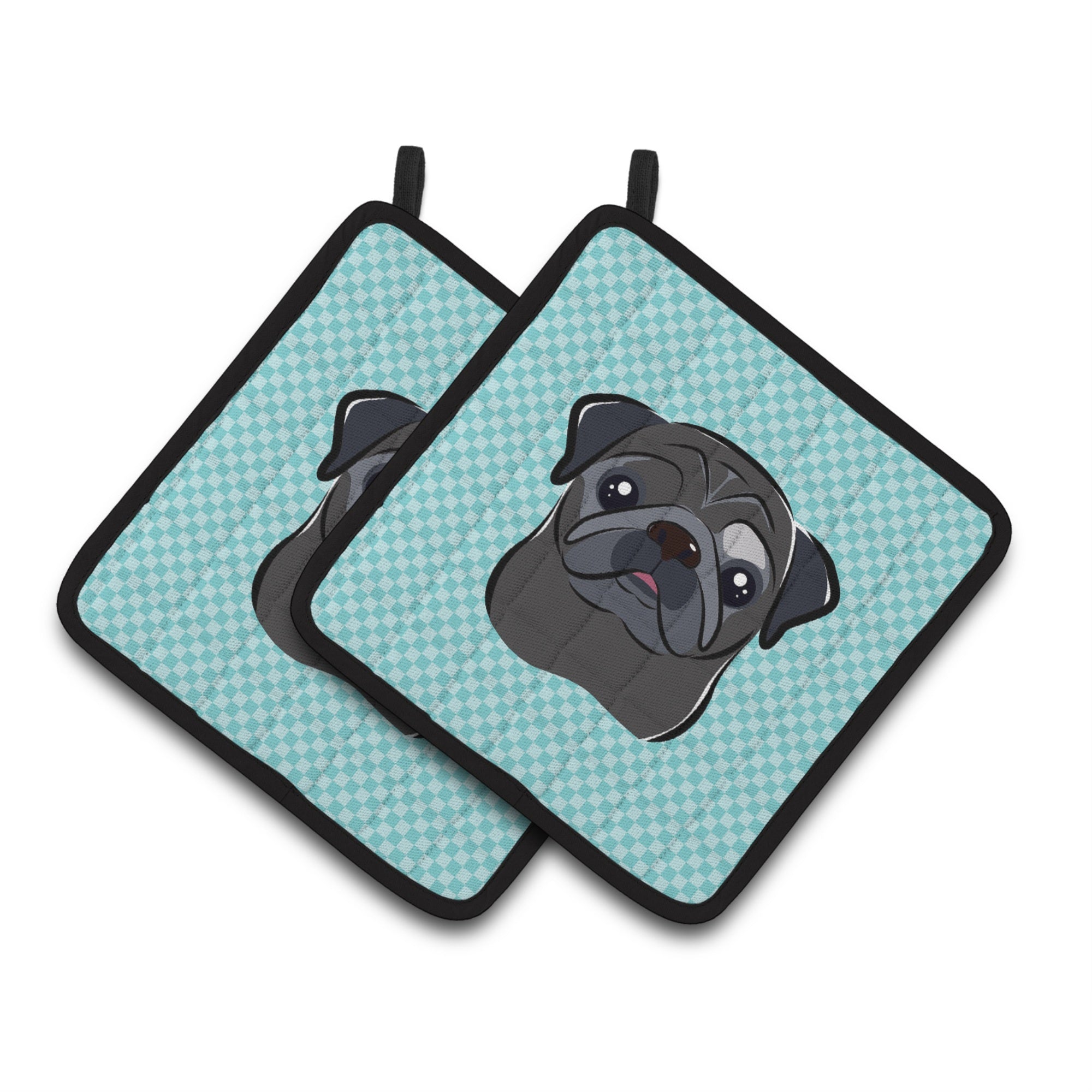 'Caroline'S Treasures Checkerboard Blue Black Pug Pair Of Pot Holders Bb1201Pthd, 7.5Hx7.5W, Multicolor''