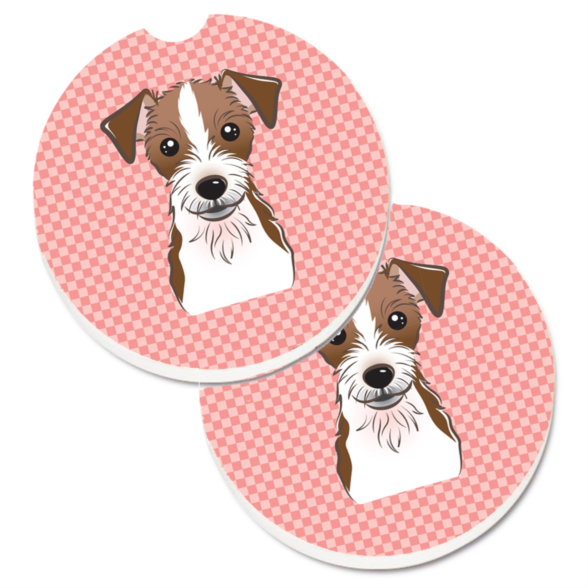 'Caroline'S Treasures Checkerboard Pink Jack Russell Terrier Set Of 2 Cup Holder Car Coasters Bb1202Carc, 2.56, Multicolor''