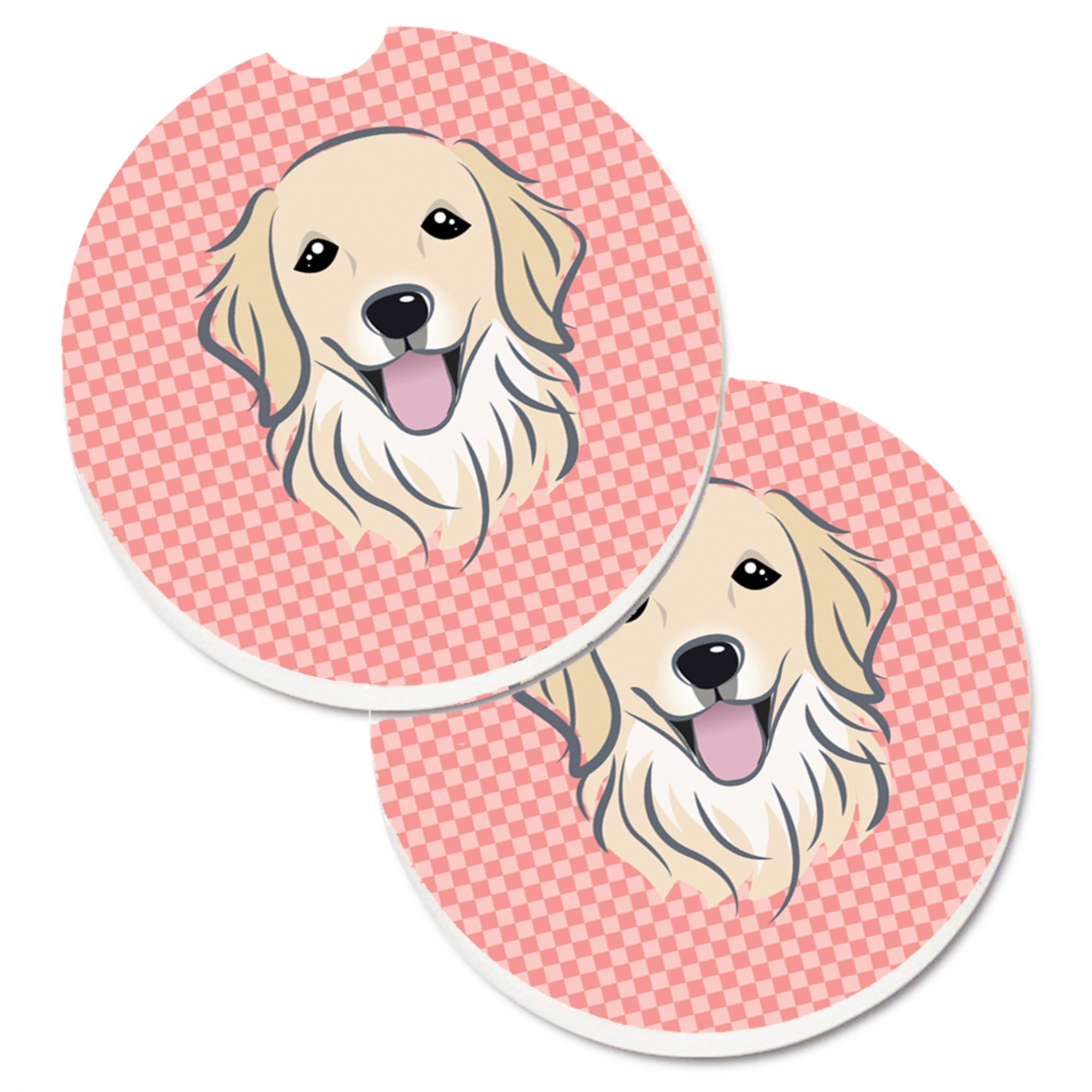 'Caroline'S Treasures Checkerboard Pink Golden Retriever Set Of 2 Cup Holder Car Coasters Bb1205Carc, 2.56, Multicolor''