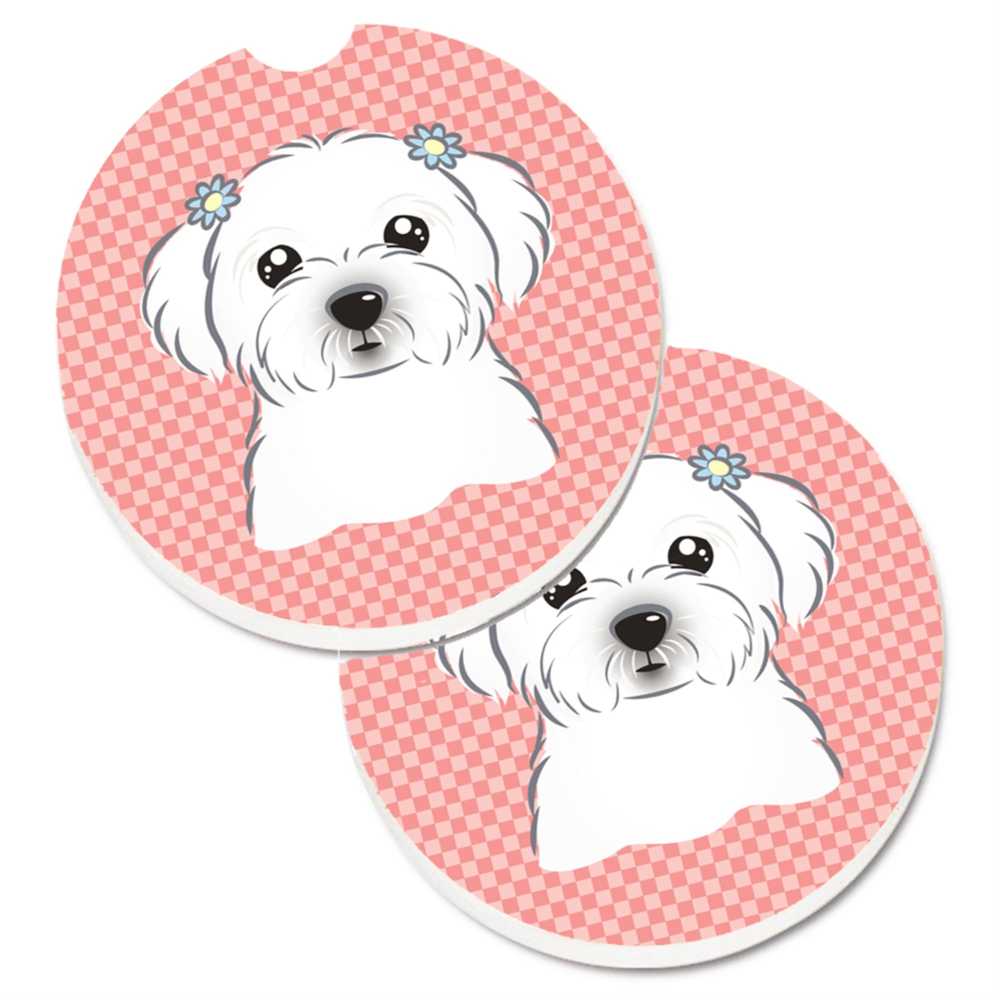 'Caroline'S Treasures Checkerboard Pink Maltese Set Of 2 Cup Holder Car Coasters Bb1208Carc, 2.56, Multicolor''