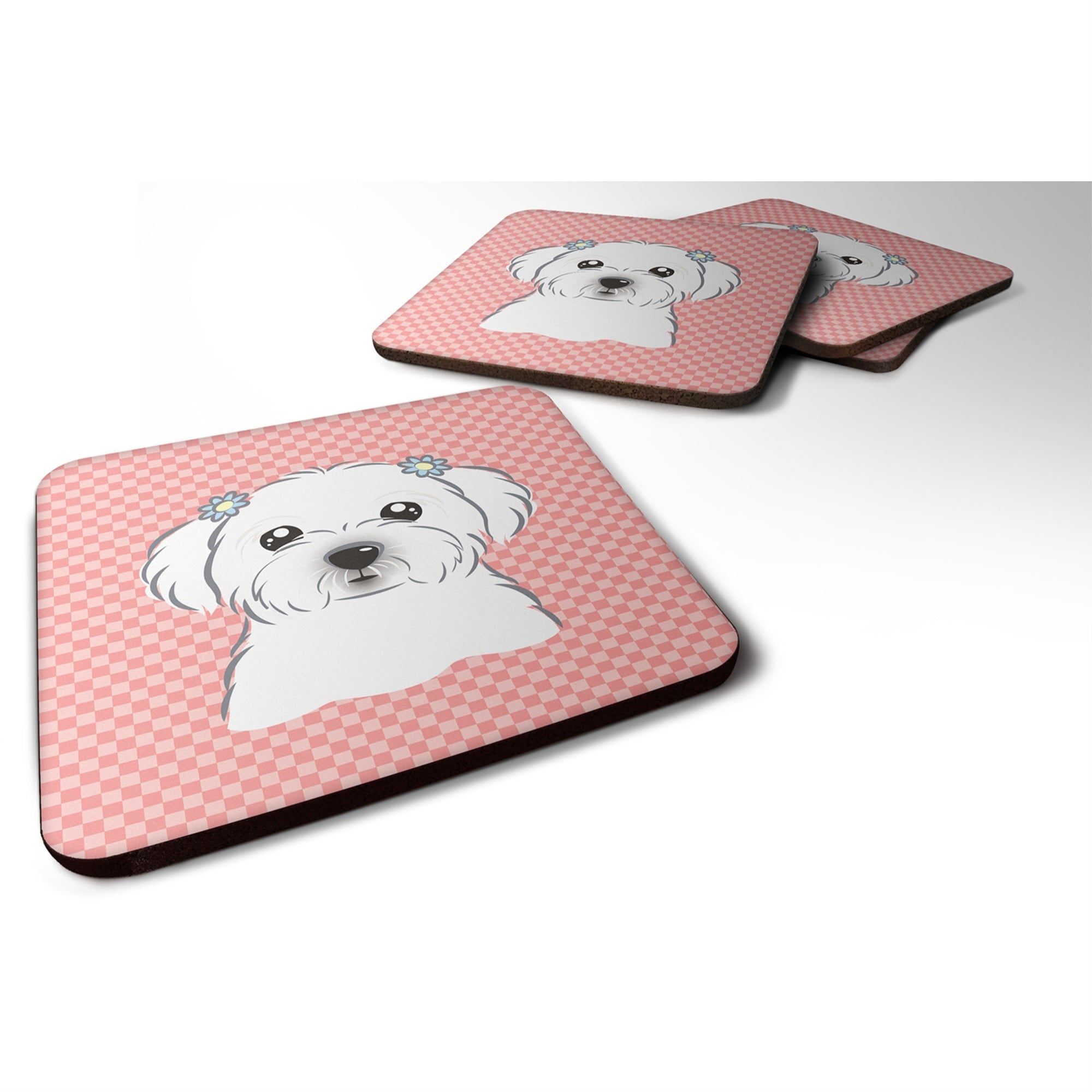 'Caroline'S Treasures Bb1208Fc Checkerboard Pink Maltese Foam Coaster (Set Of 4), 3.5'''' H X 3.5'''' W, Multicolor''