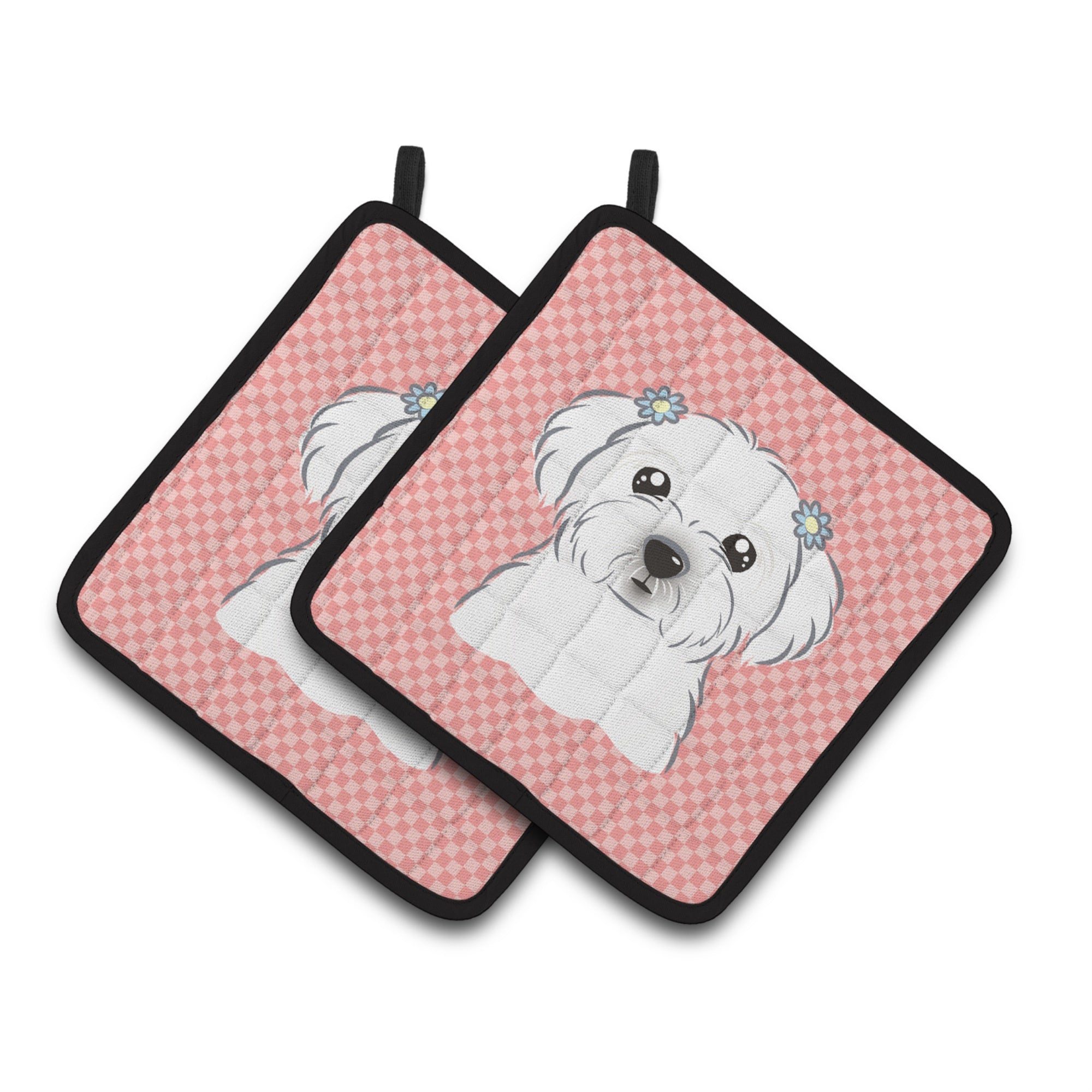 'Caroline'S Treasures Checkerboard Pink Maltese Pair Of Pot Holders Bb1208Pthd, 7.5Hx7.5W, Multicolor''