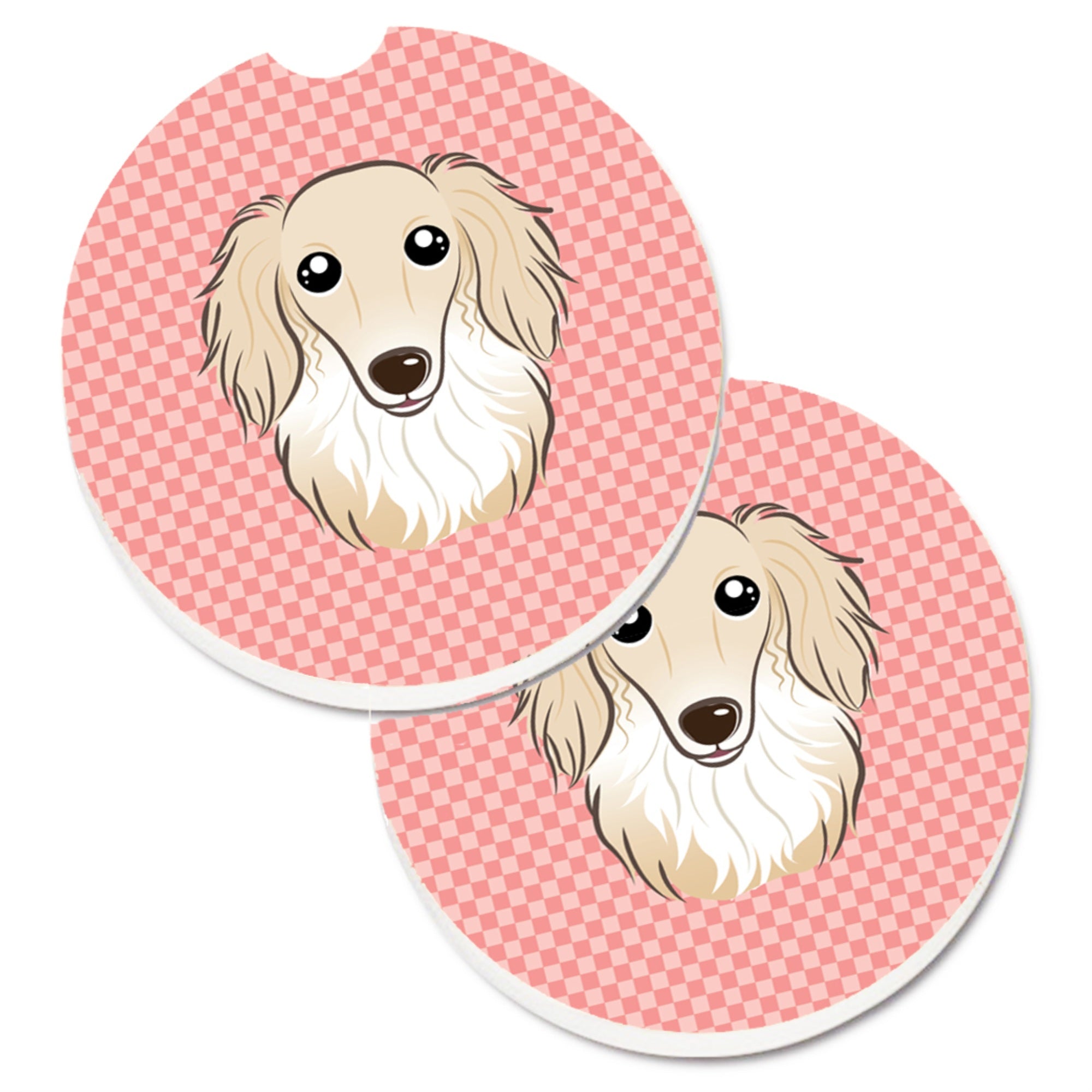 'Caroline'S Treasures Checkerboard Pink Longhair Creme Dachshund Set Of 2 Cup Holder Car Coasters Bb1212Carc, 2.56, Multicolor'