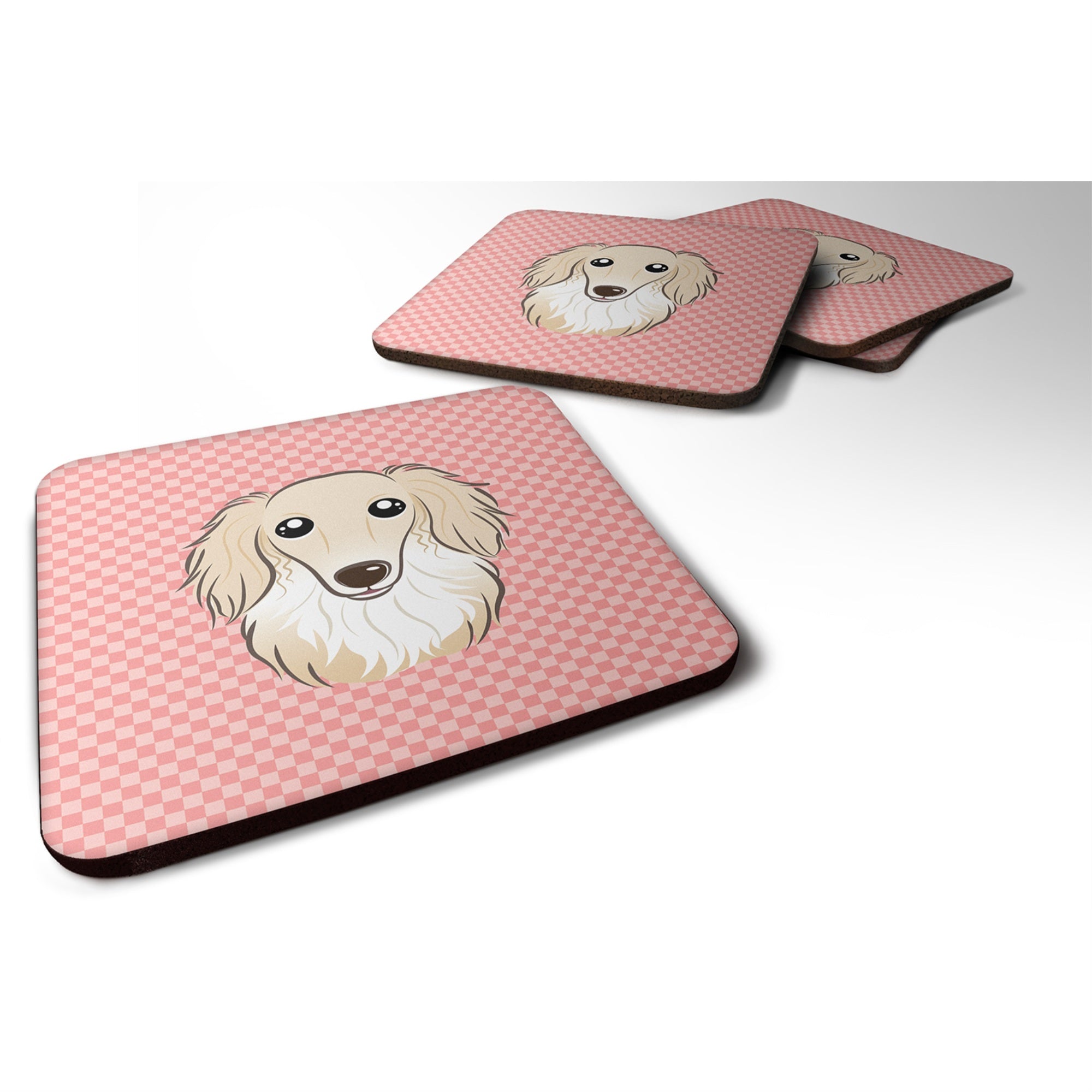 'Caroline'S Treasures Bb1212Fc Checkerboard Pink Longhair Creme Dachshund Foam Coaster (Set Of 4), 3.5'''' H X 3.5'''' W, Multi