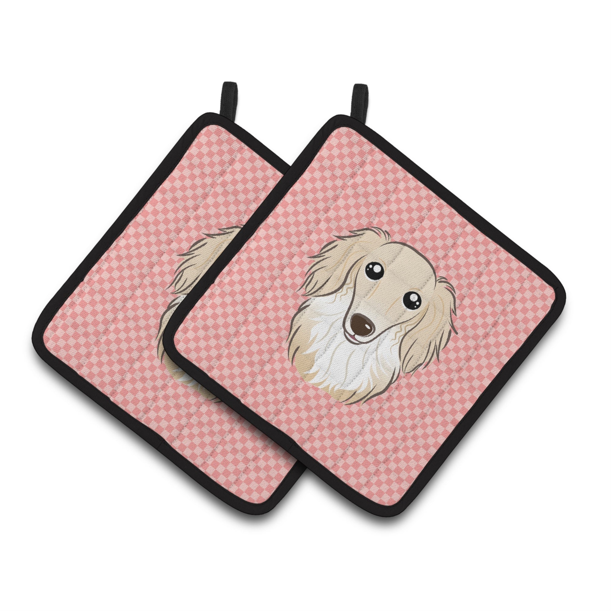 'Caroline'S Treasures Checkerboard Pink Longhair Creme Dachshund Pair Of Pot Holders Bb1212Pthd, 7.5Hx7.5W, Multicolor''