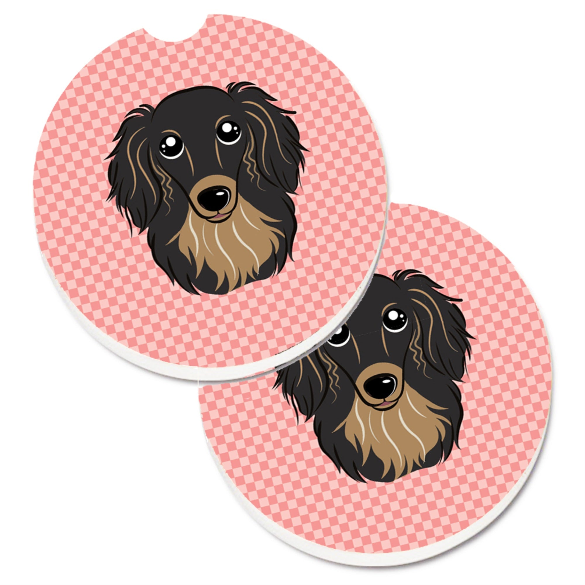 'Caroline'S Treasures Checkerboard Pink Longhair Black & Tan Dachshund Set Of 2 Cup Holder Car Coasters Bb1213Carc, 2.56, Multi