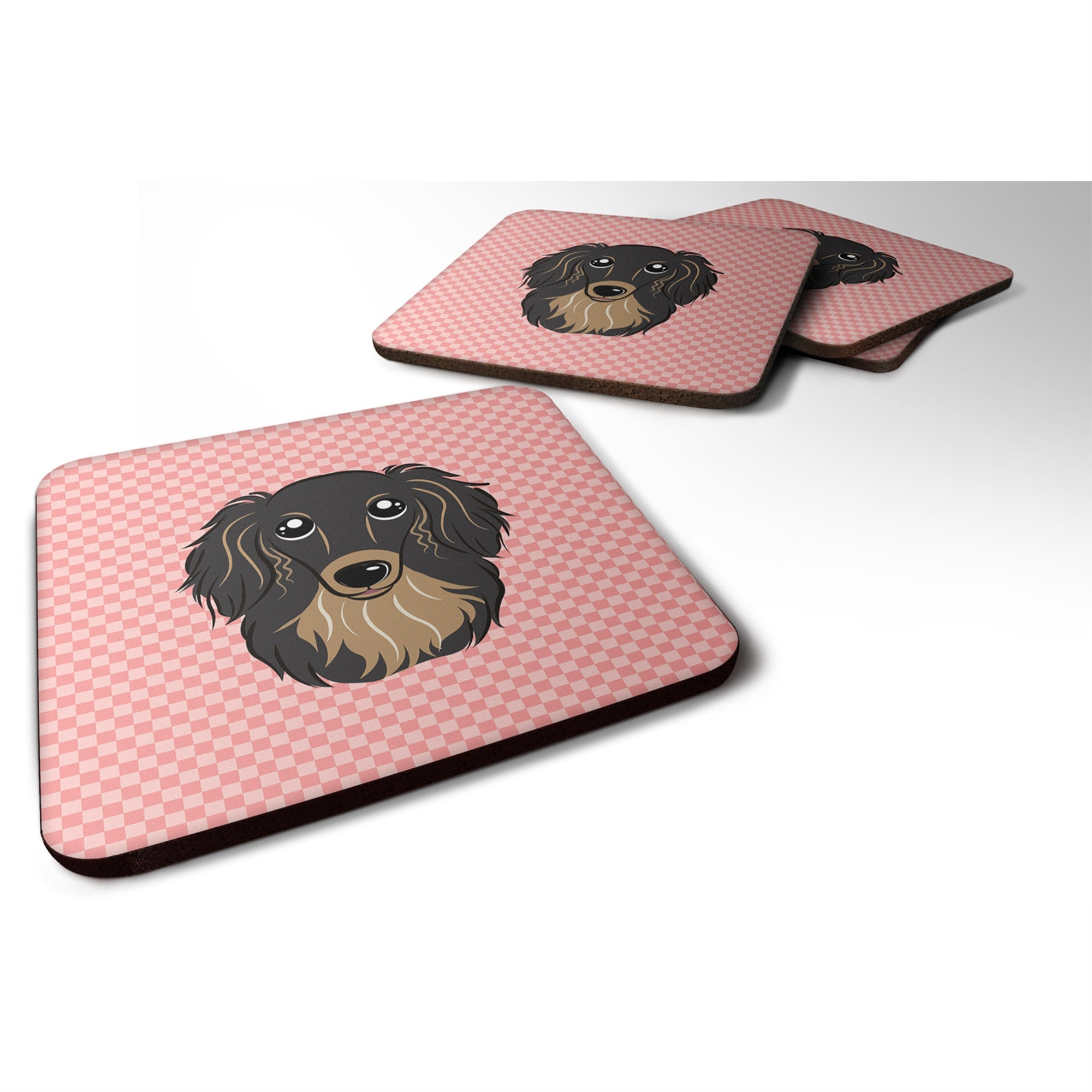 'Caroline'S Treasures Bb1213Fc Checkerboard Pink Longhair Black And Tan Dachshund Foam Coaster (Set Of 4), 3.5'''' H X 3.5''''