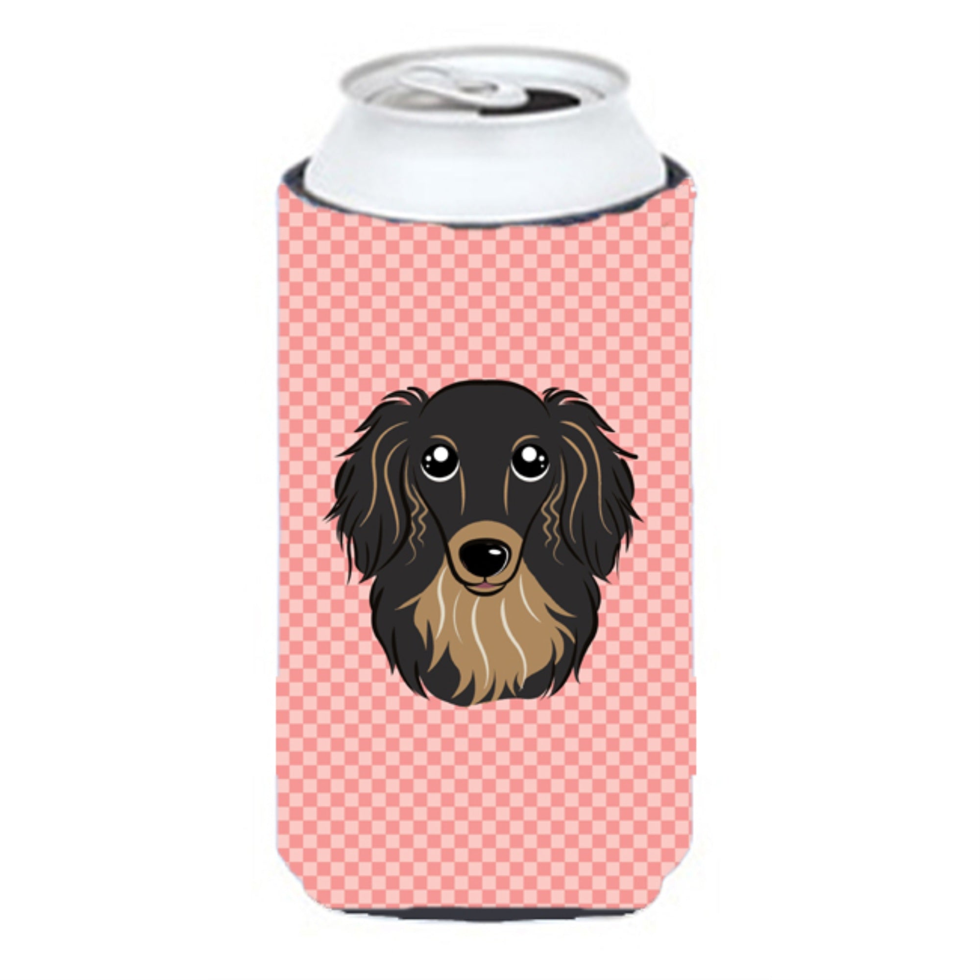 Checkerboard Pink Longhair Black And Tan Dachshund Tall Boy Beverage Insulator Hugger
