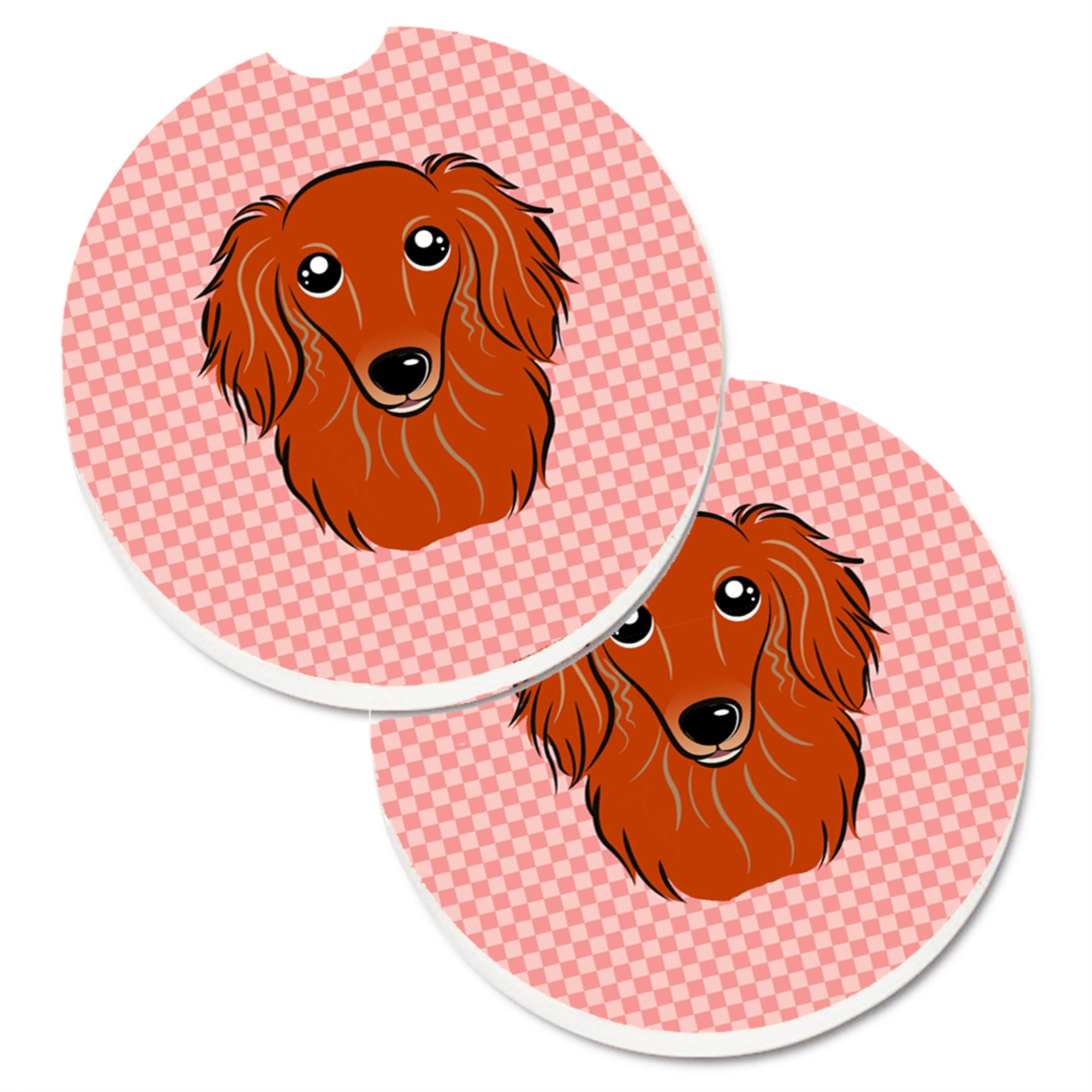 'Caroline'S Treasures Checkerboard Pink Longhair Red Dachshund Set Of 2 Cup Holder Car Coasters Bb1214Carc, 2.56, Multicolor''